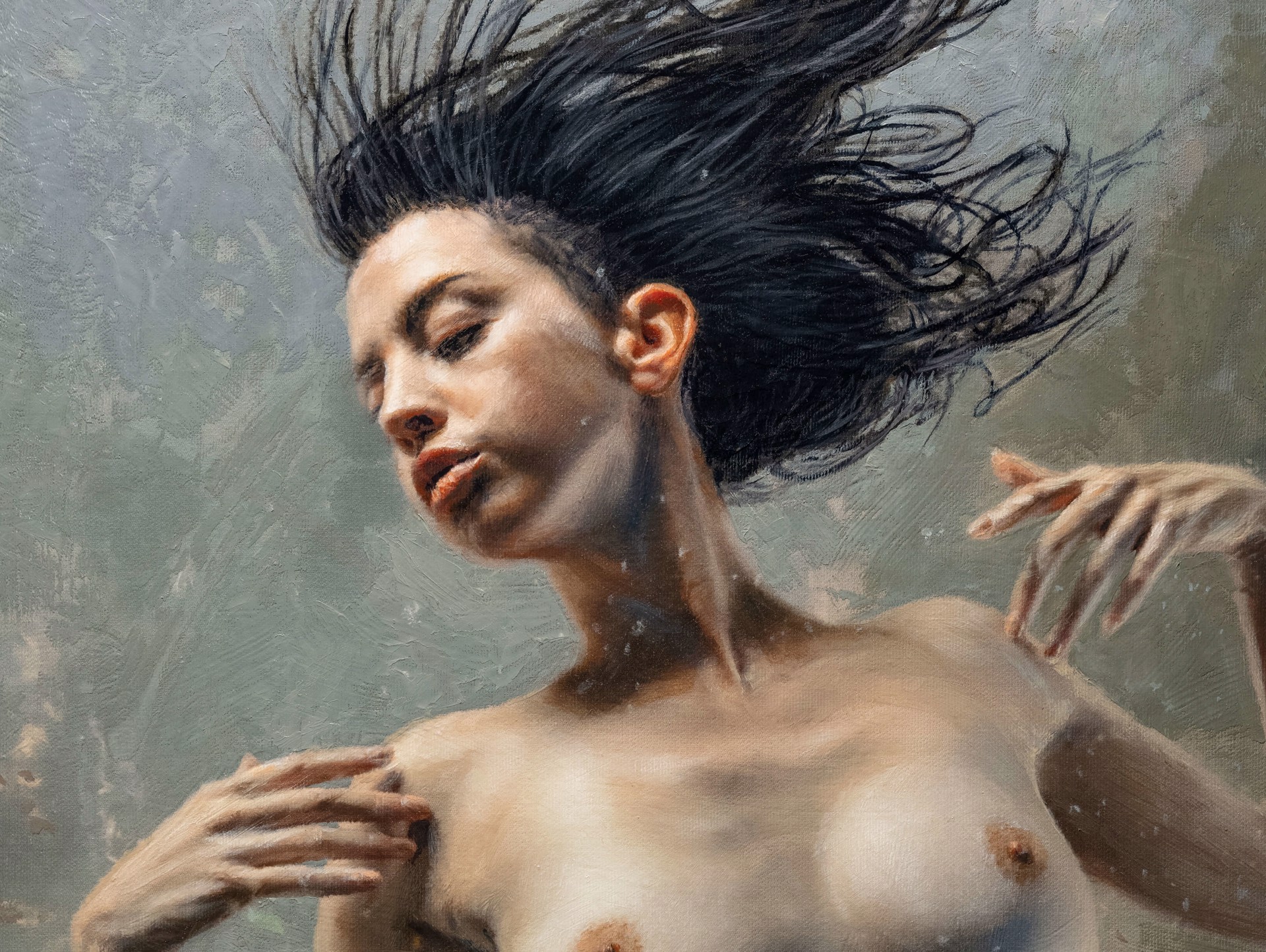 A painting of a naked woman standing in front of a group of fish.