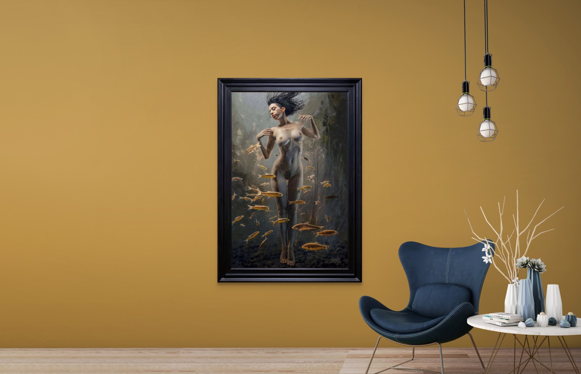 A painting of a naked woman standing in front of a group of fish.
