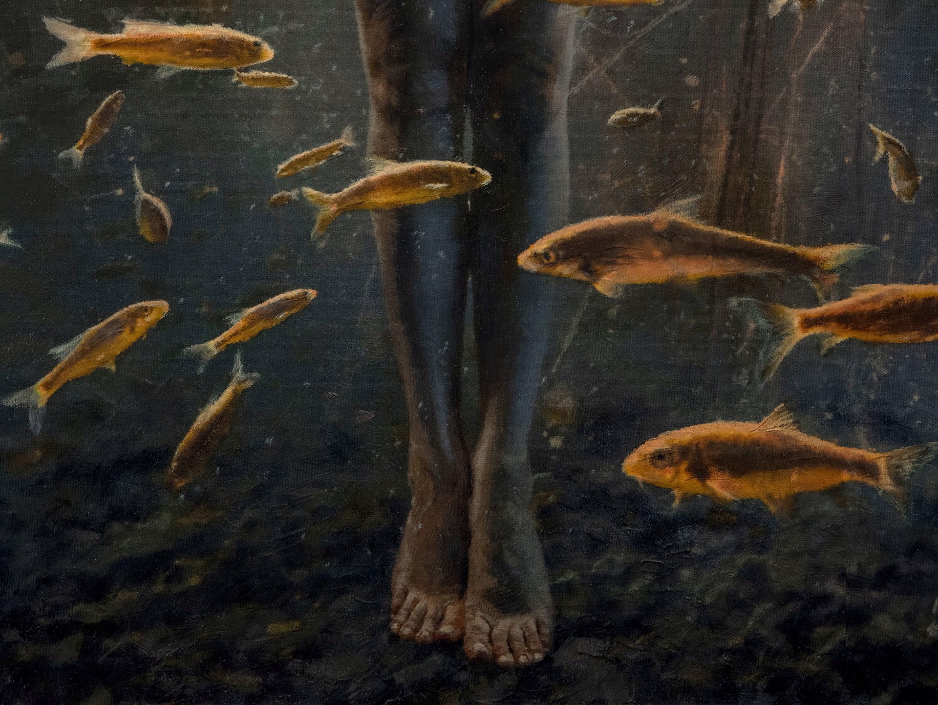 A painting of a naked woman standing in front of a group of fish.