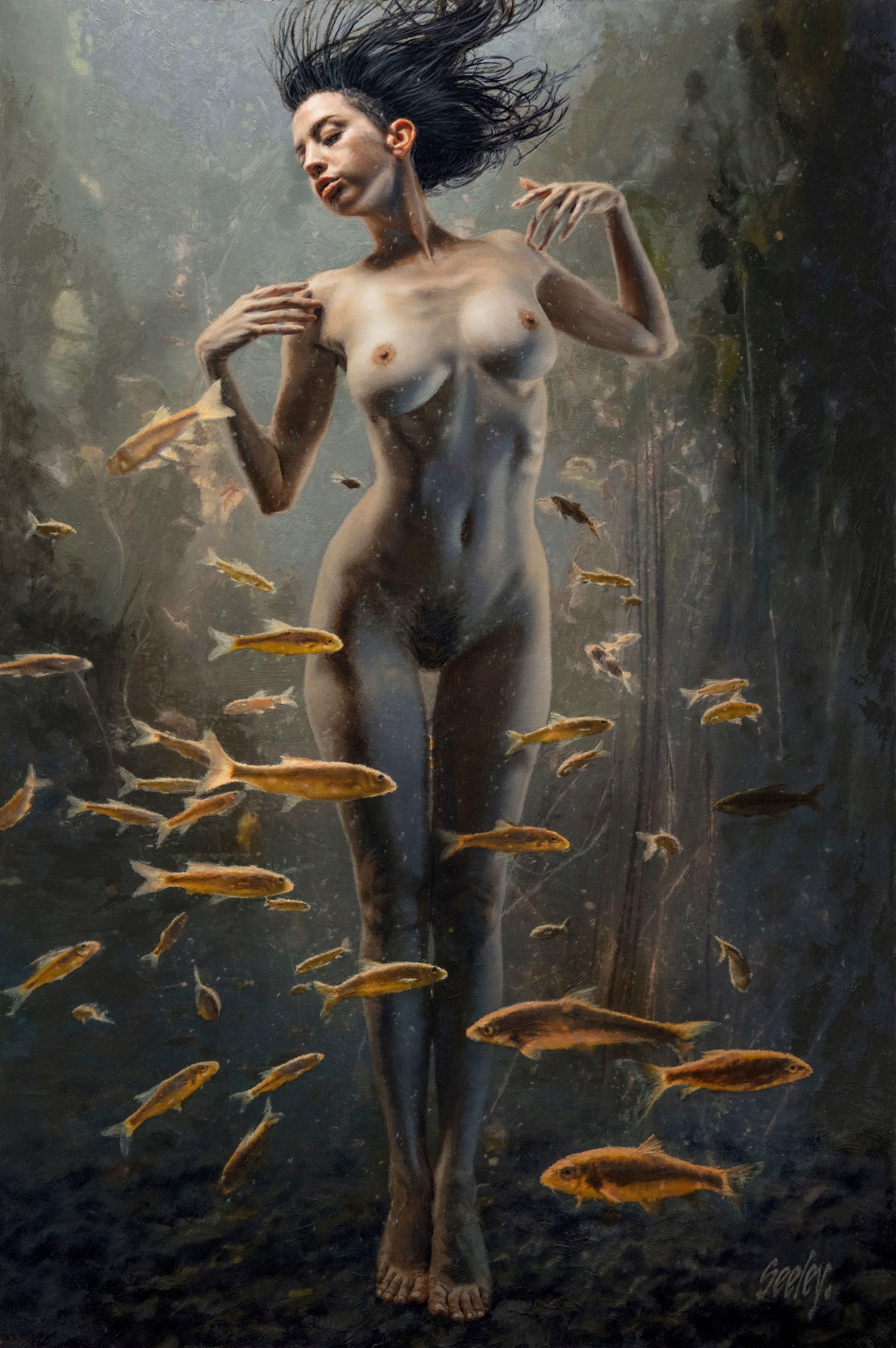 A painting of a naked woman standing in front of a group of fish.