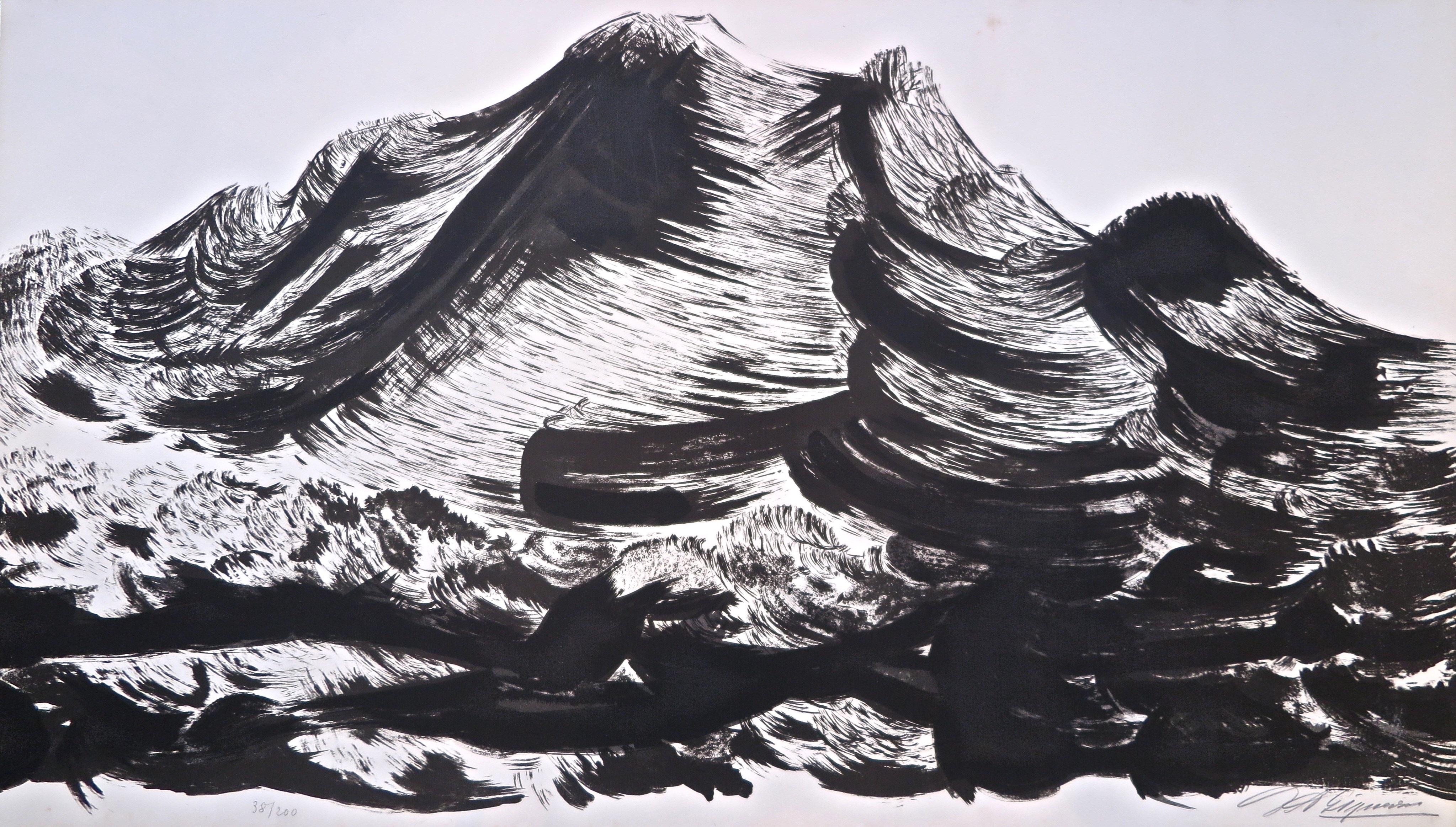 A black and white drawing of a mountain range.