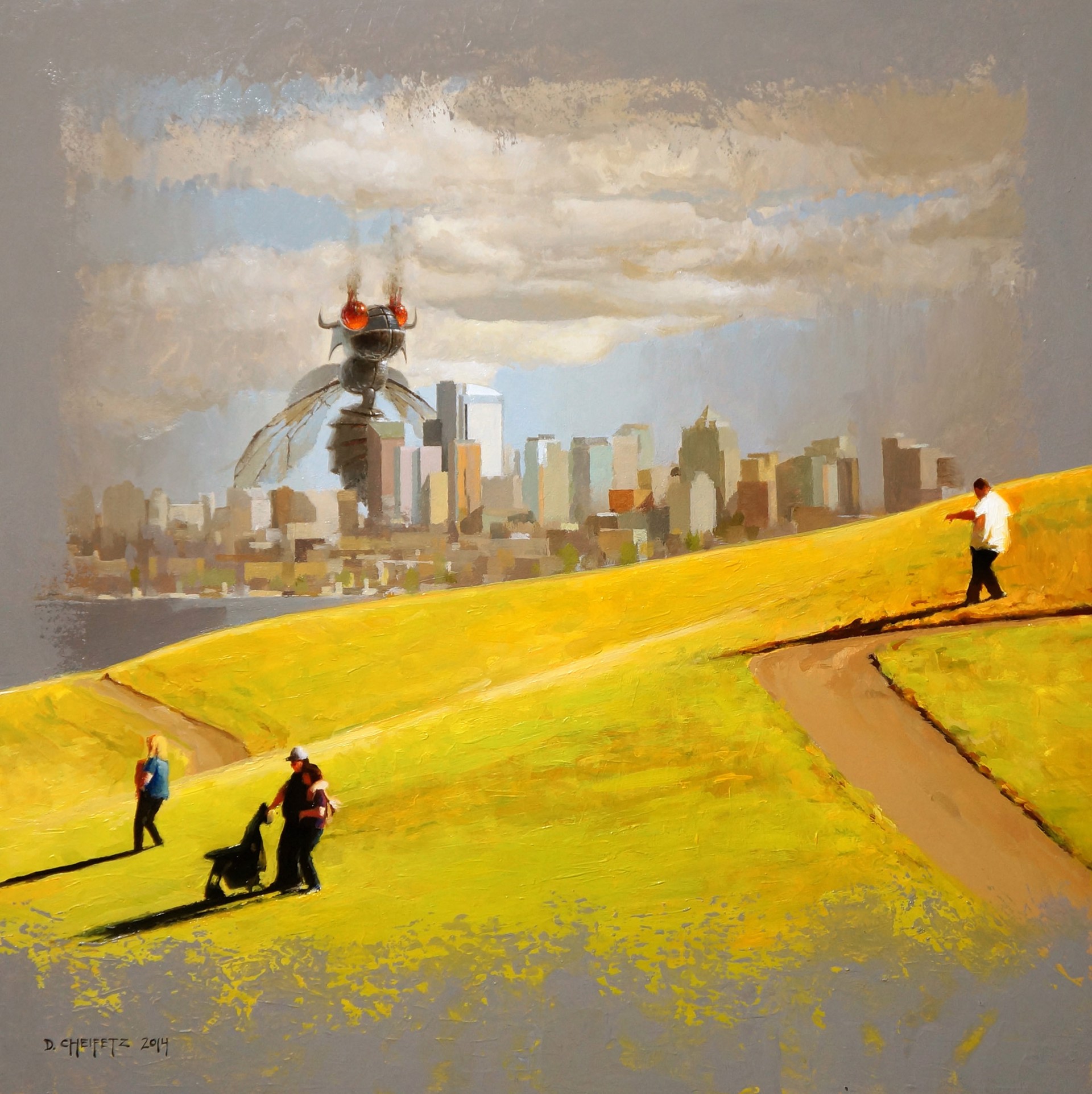 A painting of people walking in a field with a city in the background.