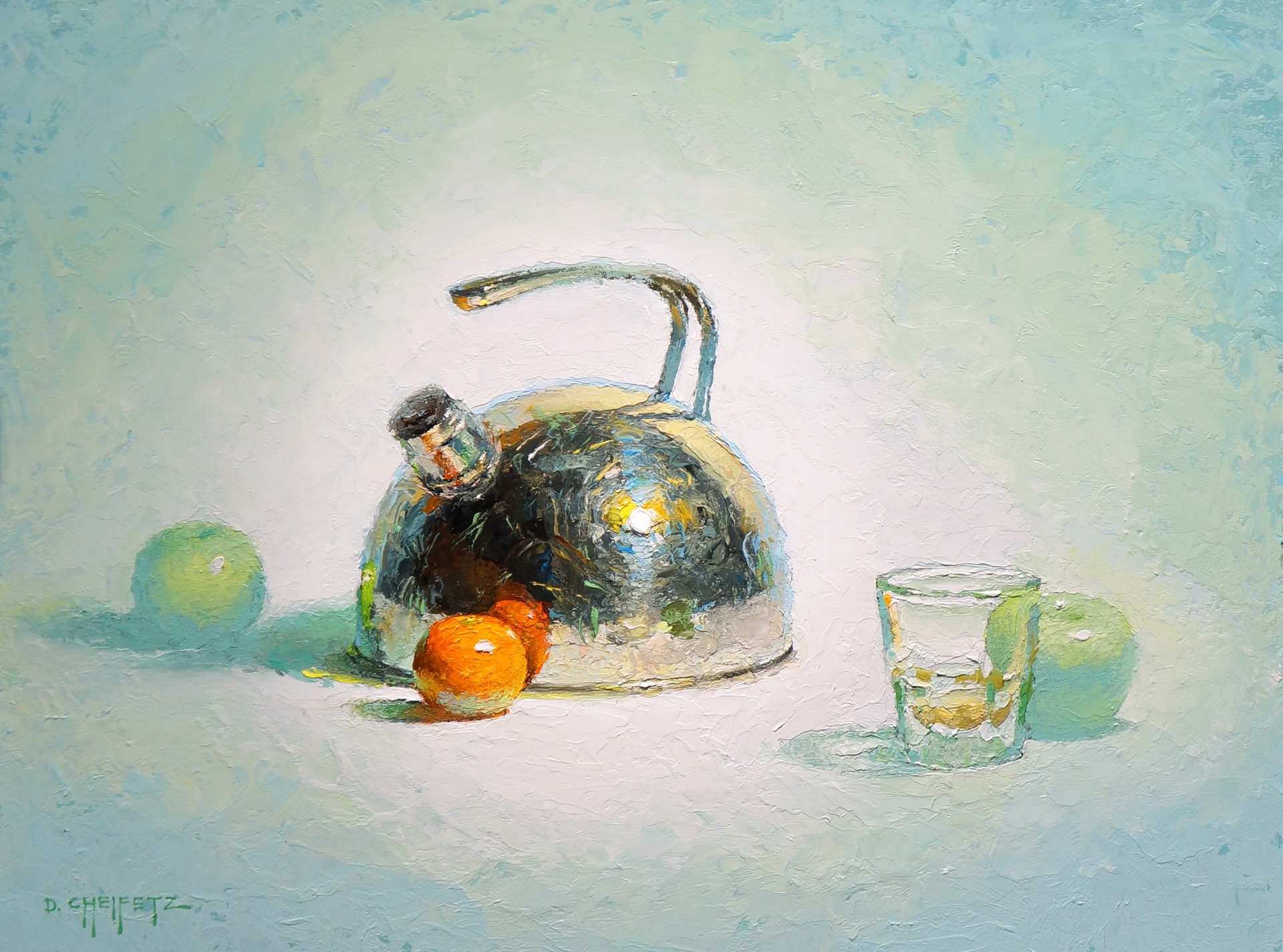 A painting of a silver kettle and two oranges on a table.