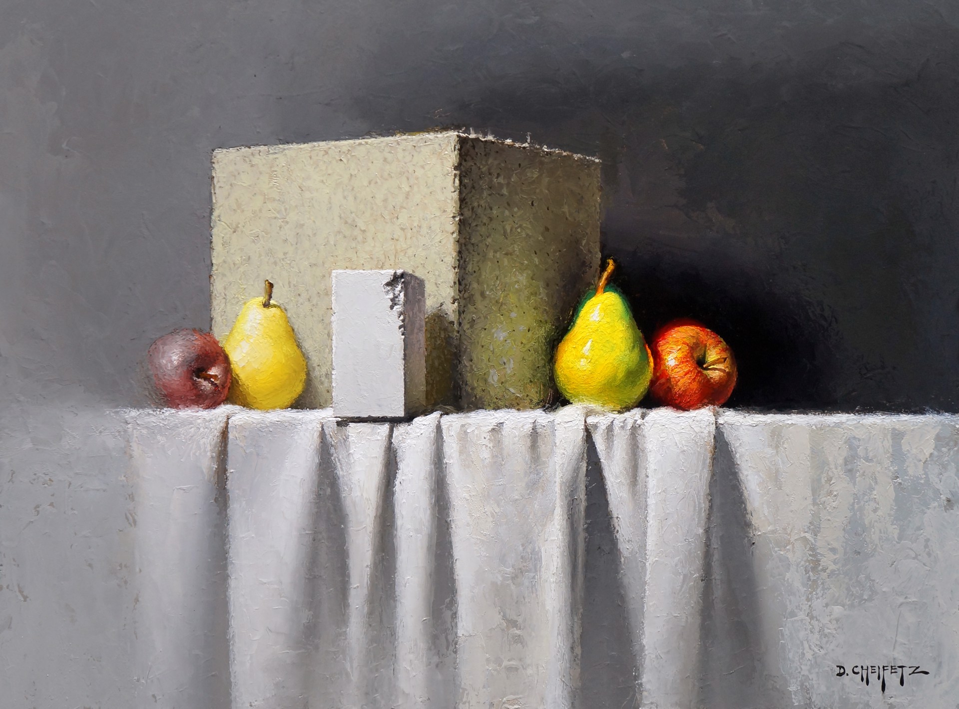 A classical still life painting featuring a textured cube, two pears, and two apples arranged on a draped tablecloth.