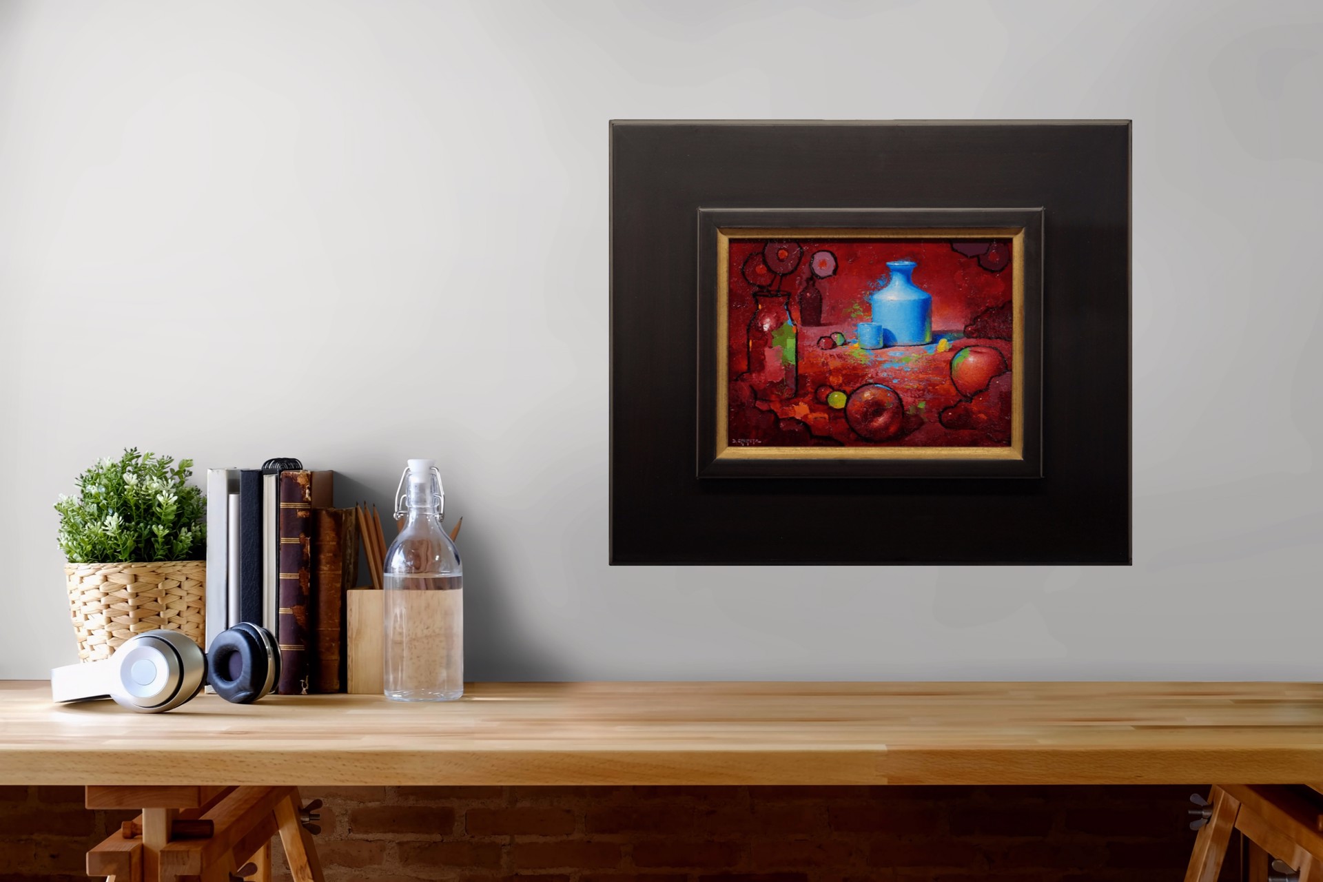 A vibrant still life featuring a blue vase, apples, and abstract shapes against a deep red background.