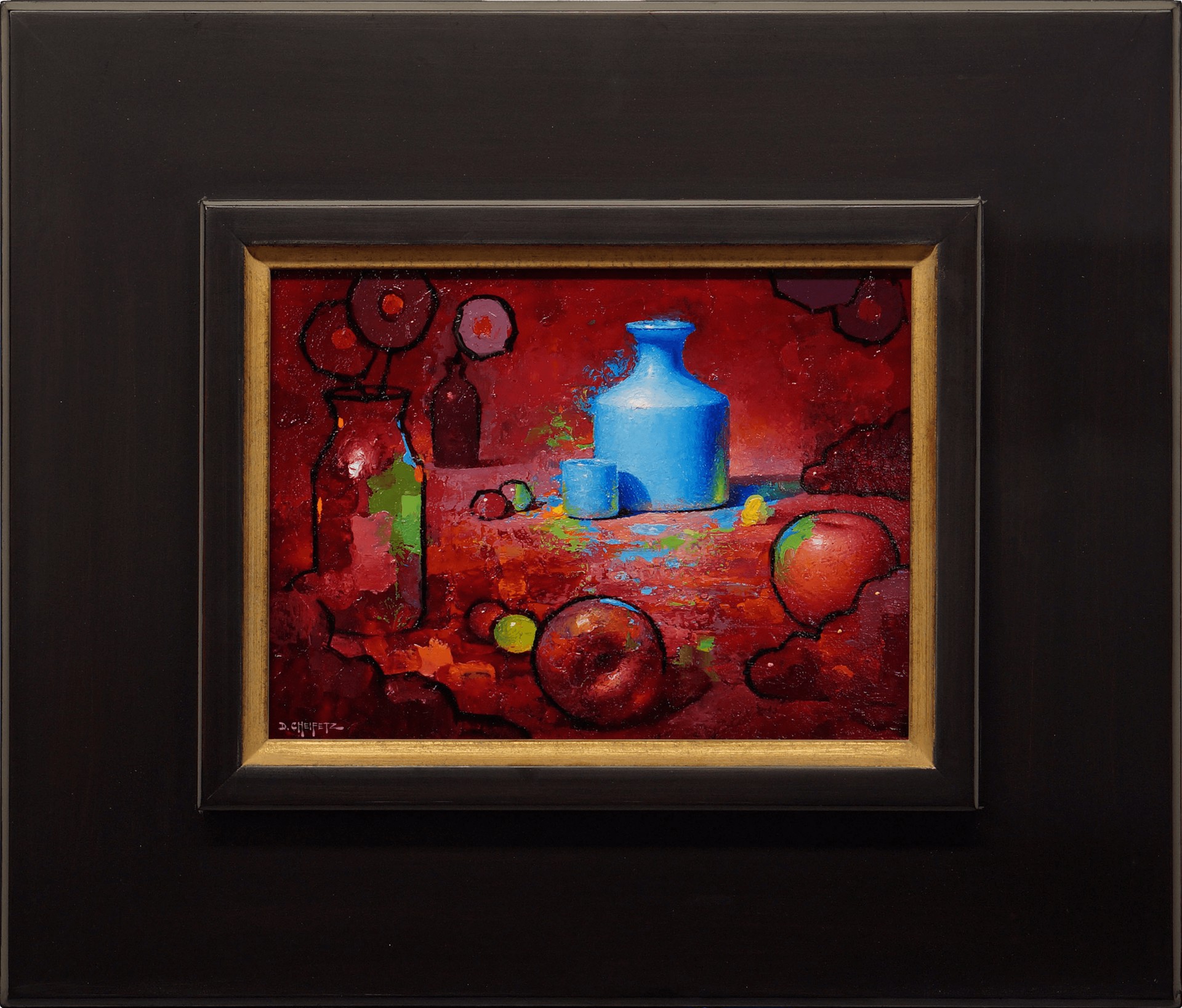 A vibrant still life featuring a blue vase, apples, and abstract shapes against a deep red background.