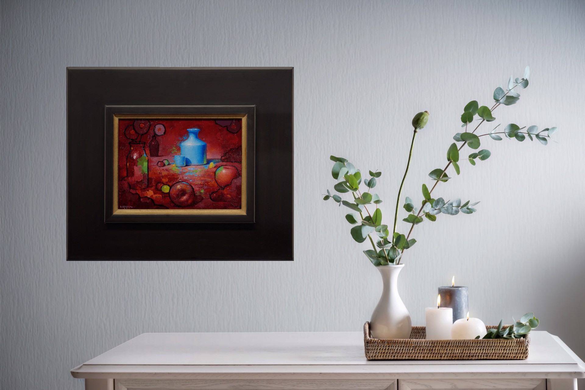 A vibrant still life featuring a blue vase, apples, and abstract shapes against a deep red background.