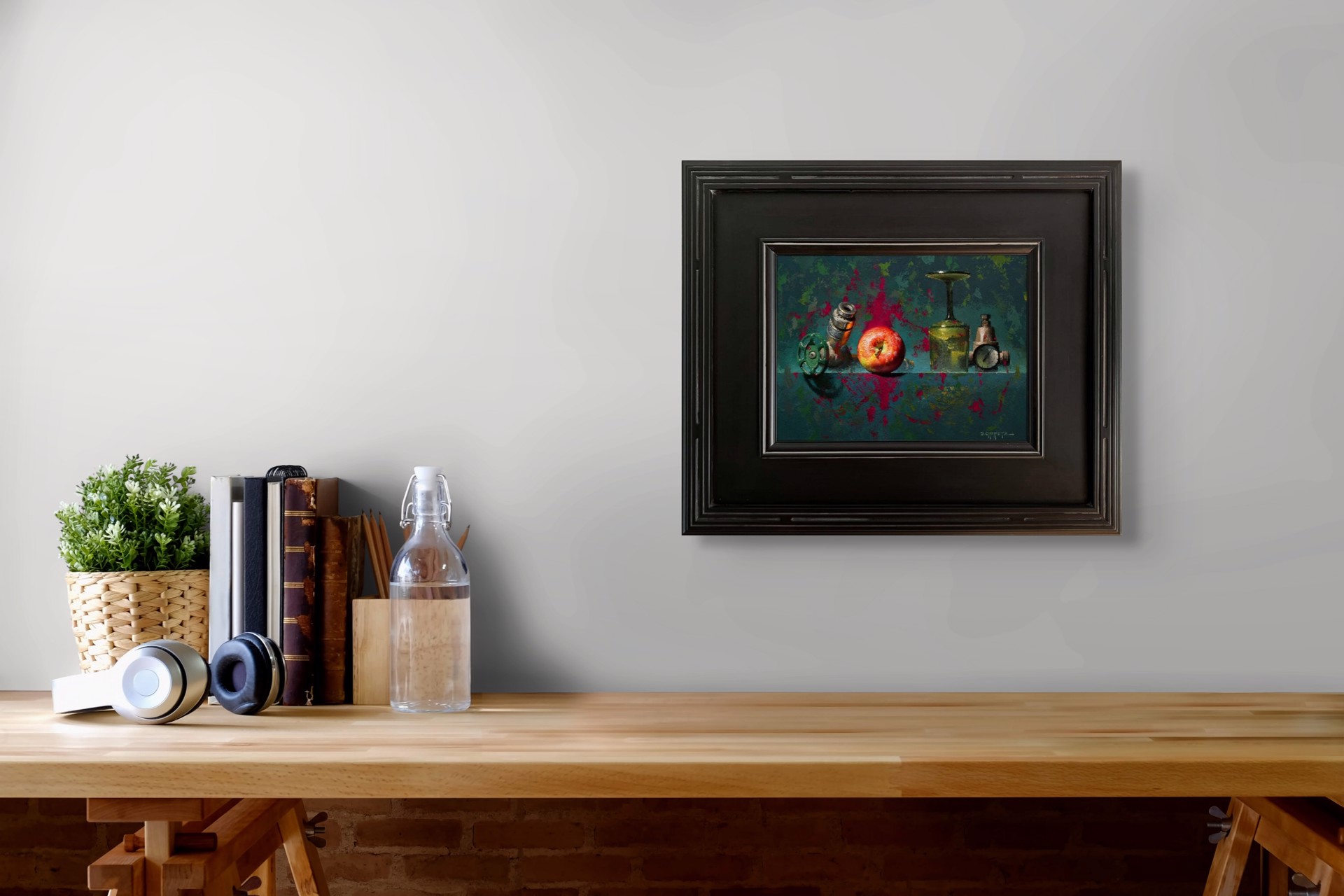 A still life painting featuring industrial and organic objects arranged on a reflective surface.