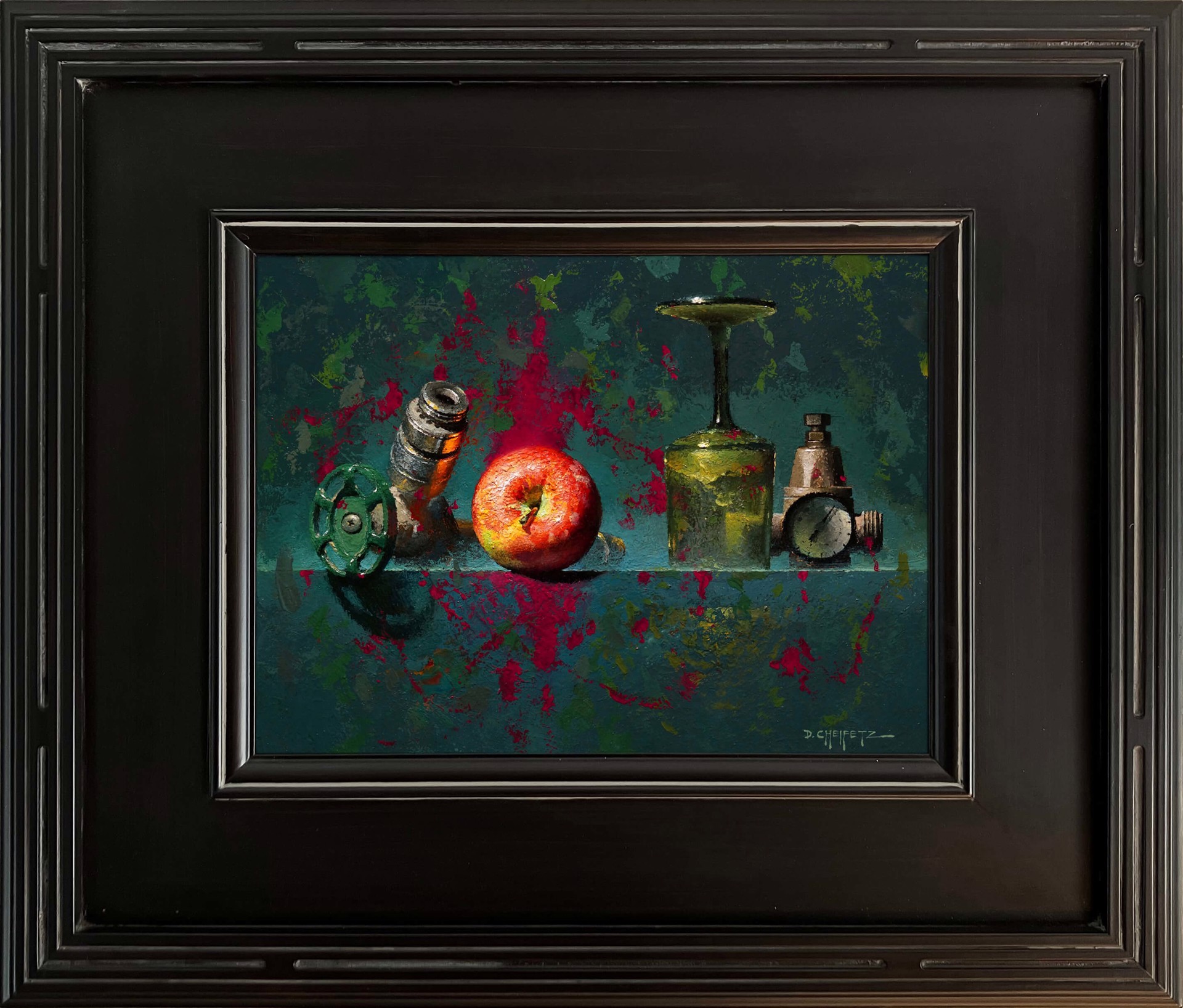 A still life painting featuring industrial and organic objects arranged on a reflective surface.