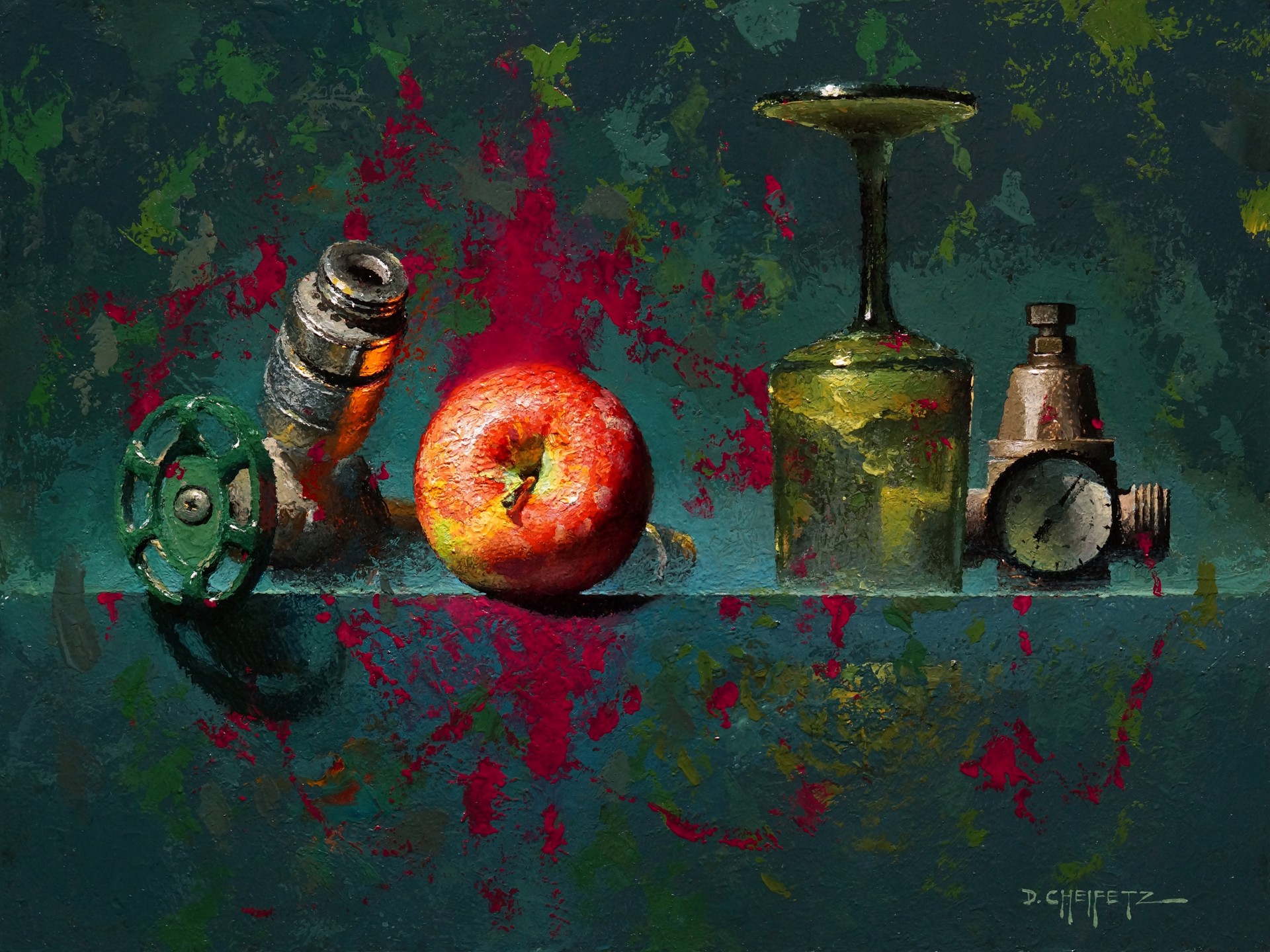 A still life painting featuring industrial and organic objects arranged on a reflective surface.