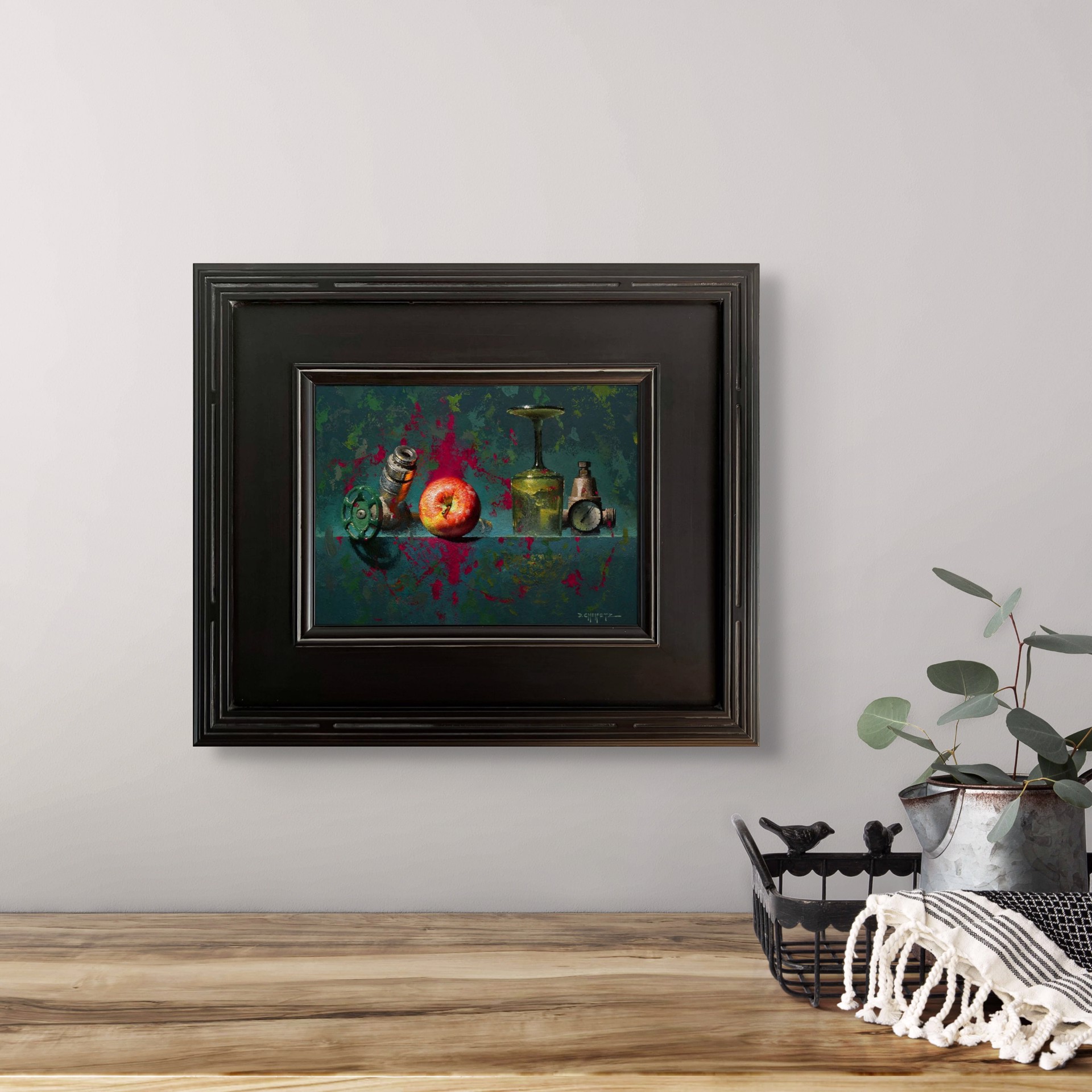 A still life painting featuring industrial and organic objects arranged on a reflective surface.