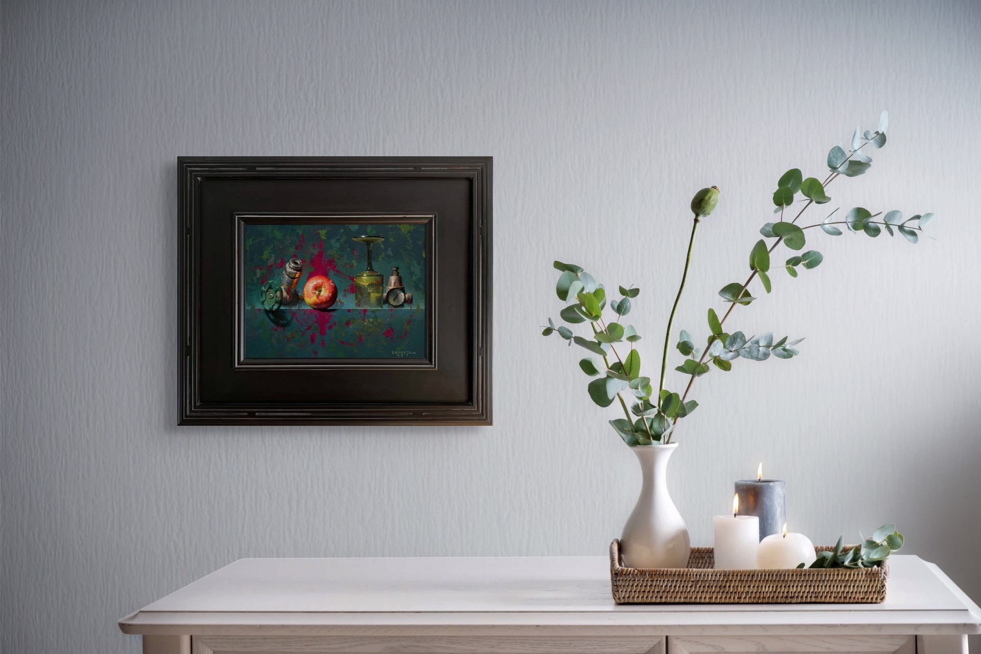 A still life painting featuring industrial and organic objects arranged on a reflective surface.