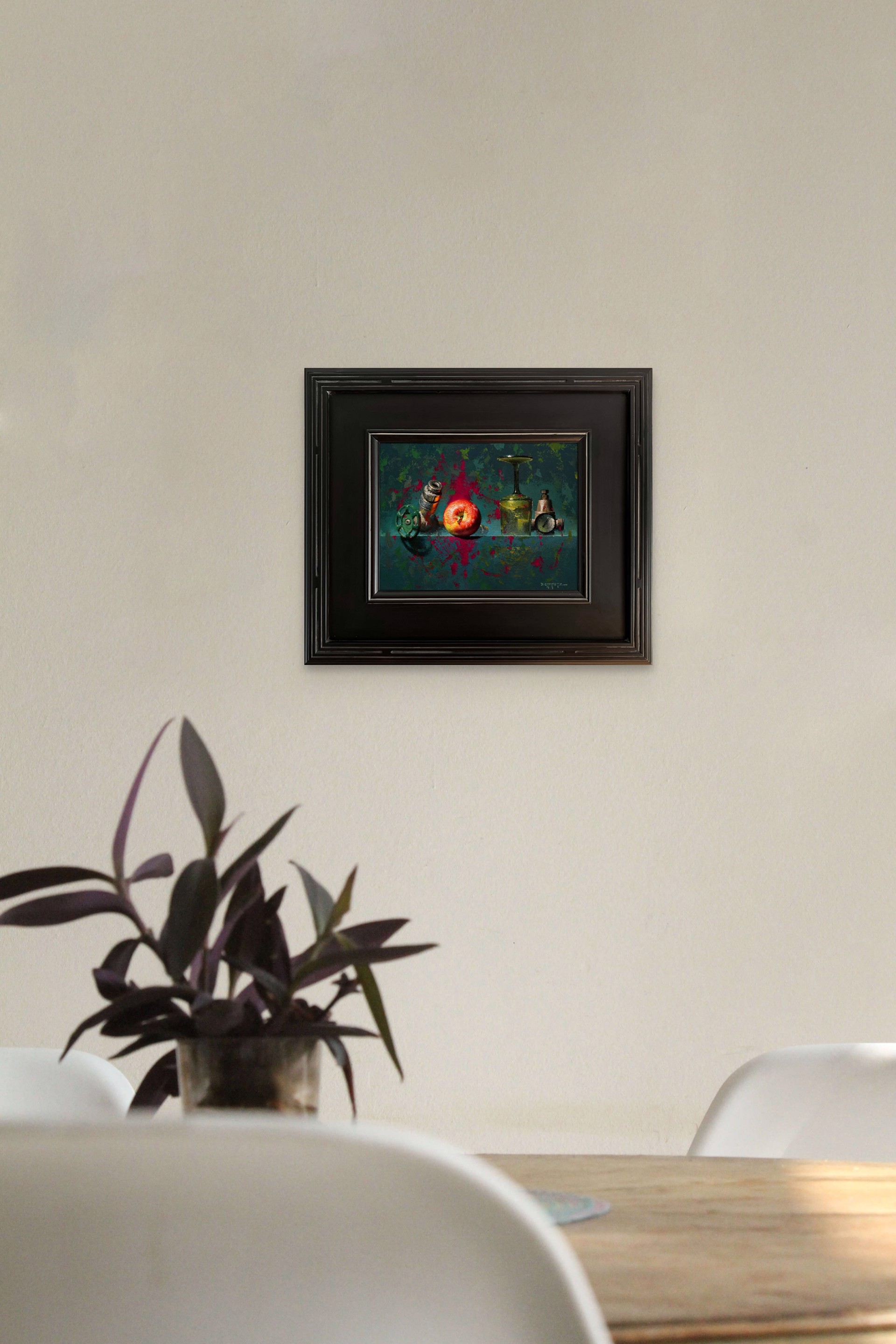 A still life painting featuring industrial and organic objects arranged on a reflective surface.