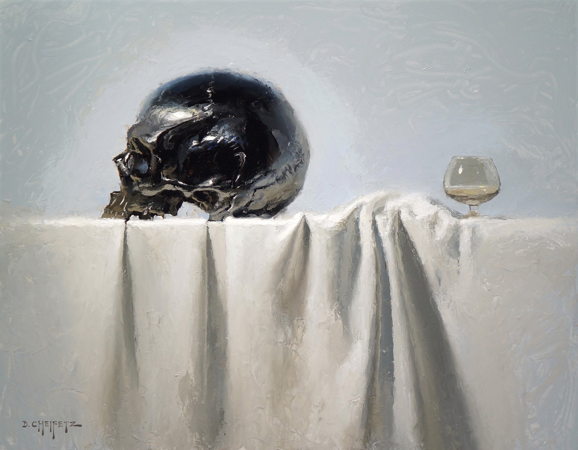 A painting of a skull and a glass of wine on a table.