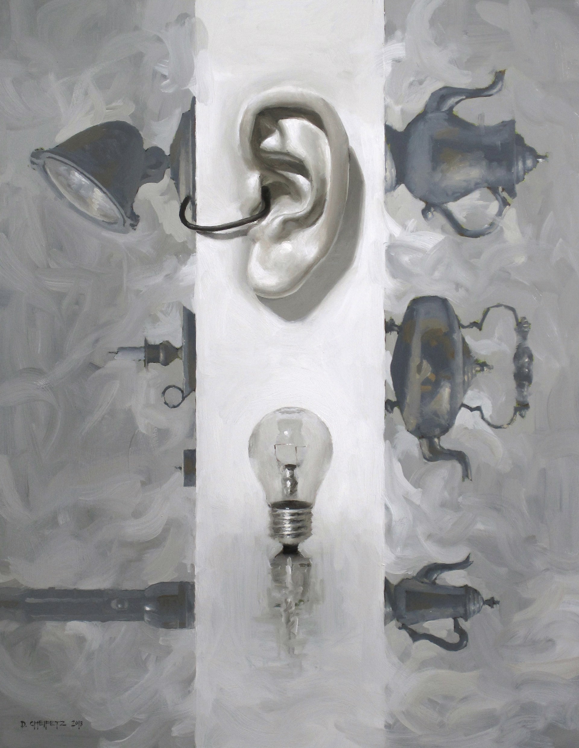 A painting of a light bulb and a pair of ear on a wall.