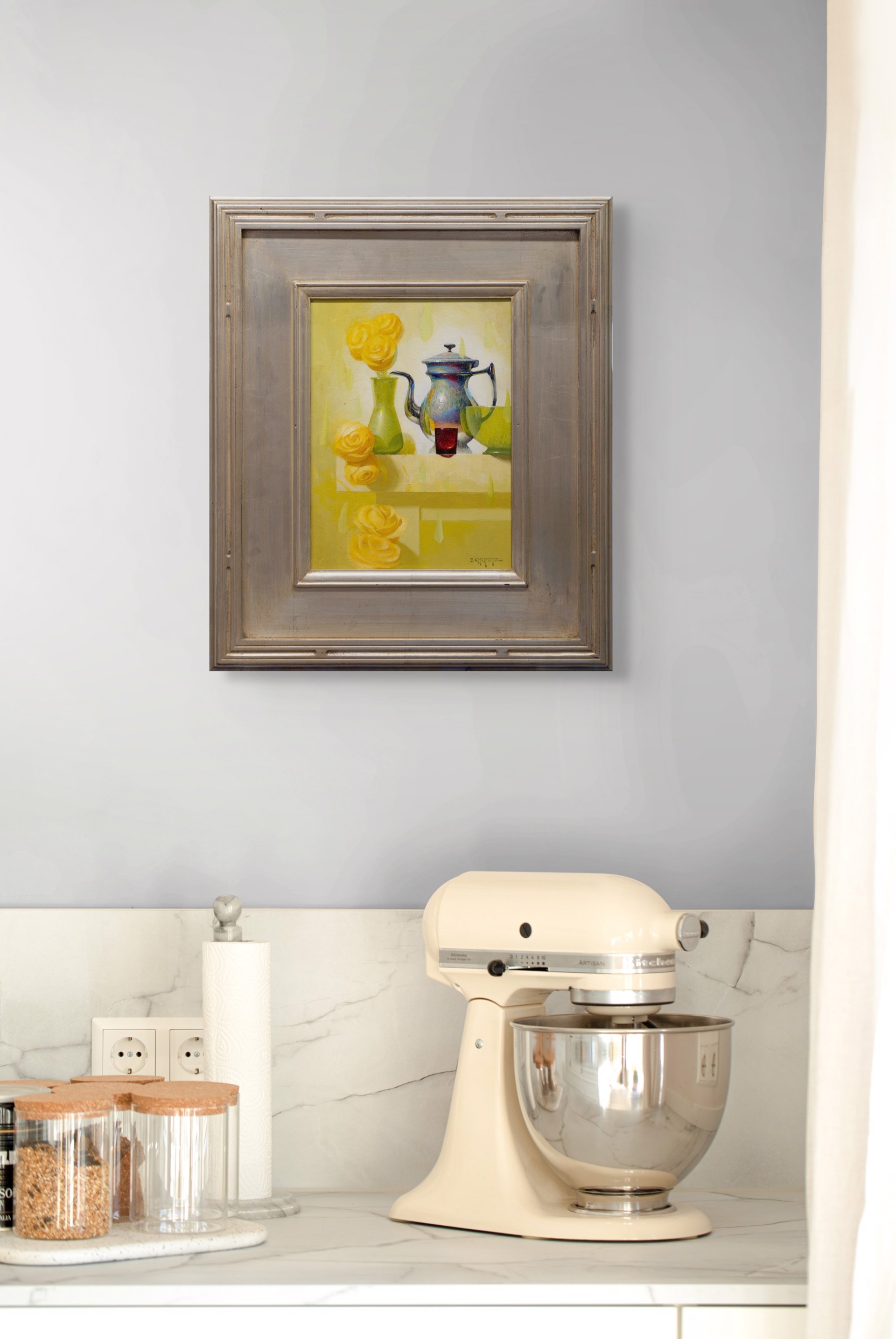 A still life painting featuring a metallic teapot, green vase with yellow roses, and abstract shapes on a light background.