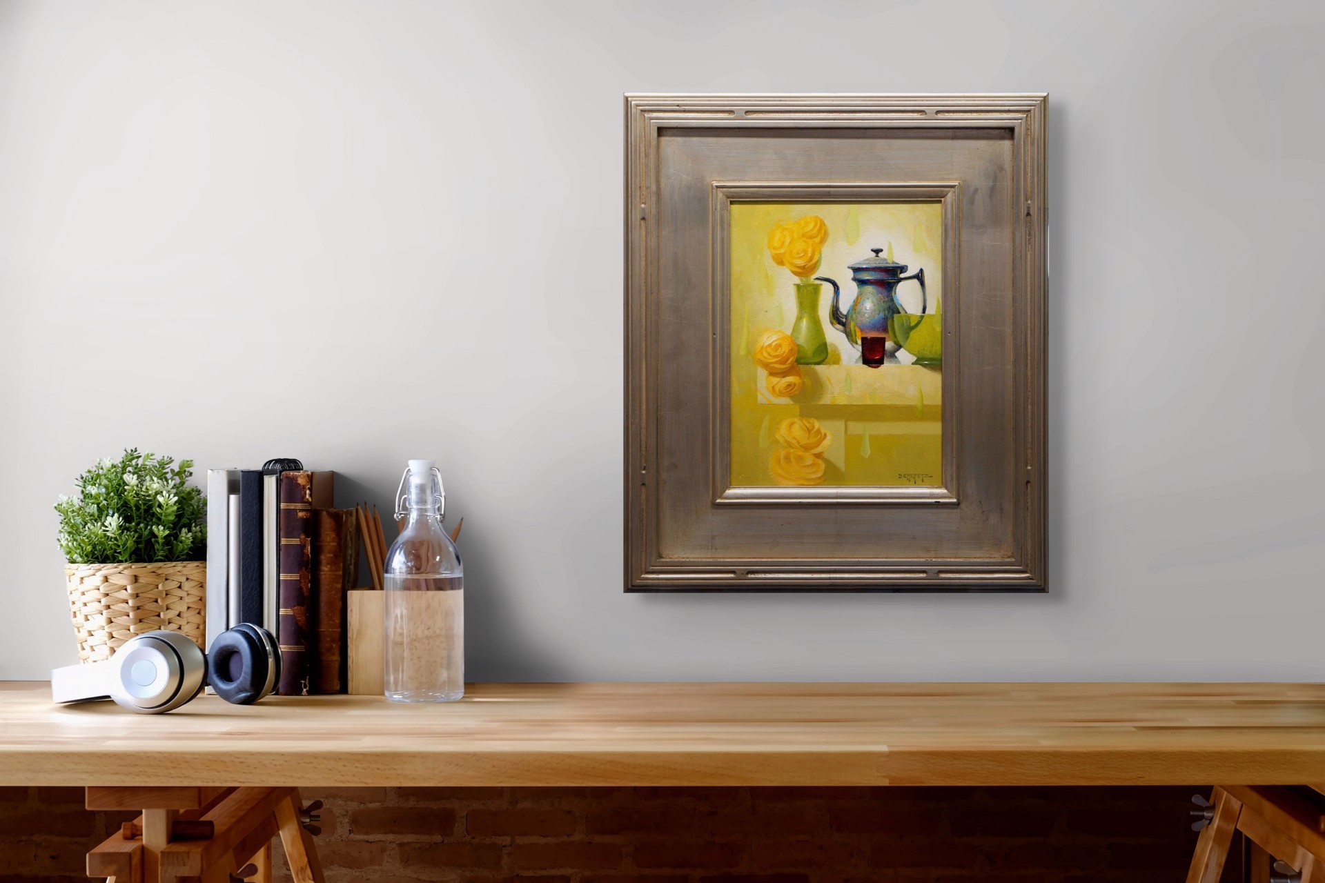 A still life painting featuring a metallic teapot, green vase with yellow roses, and abstract shapes on a light background.