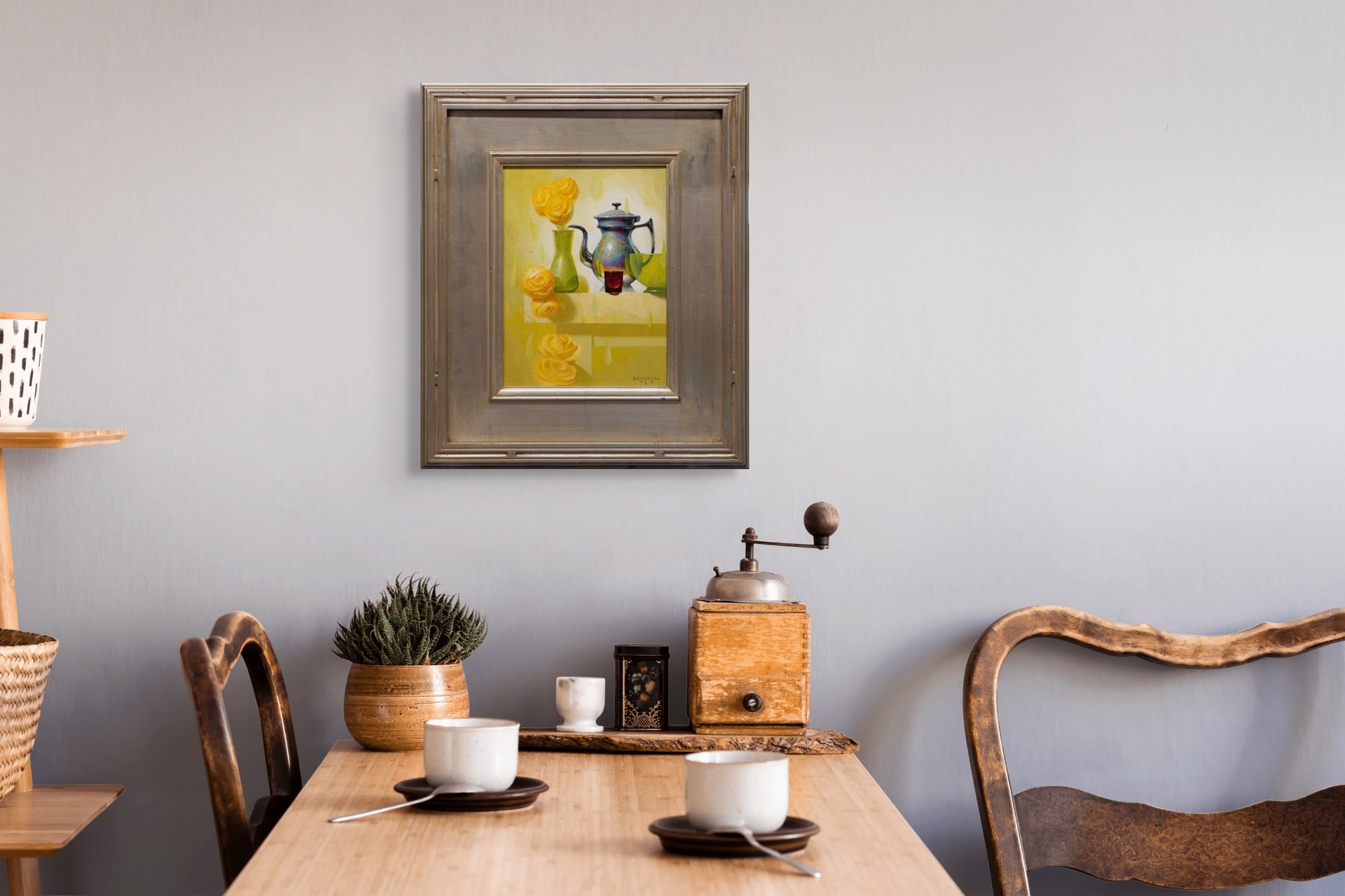 A still life painting featuring a metallic teapot, green vase with yellow roses, and abstract shapes on a light background.