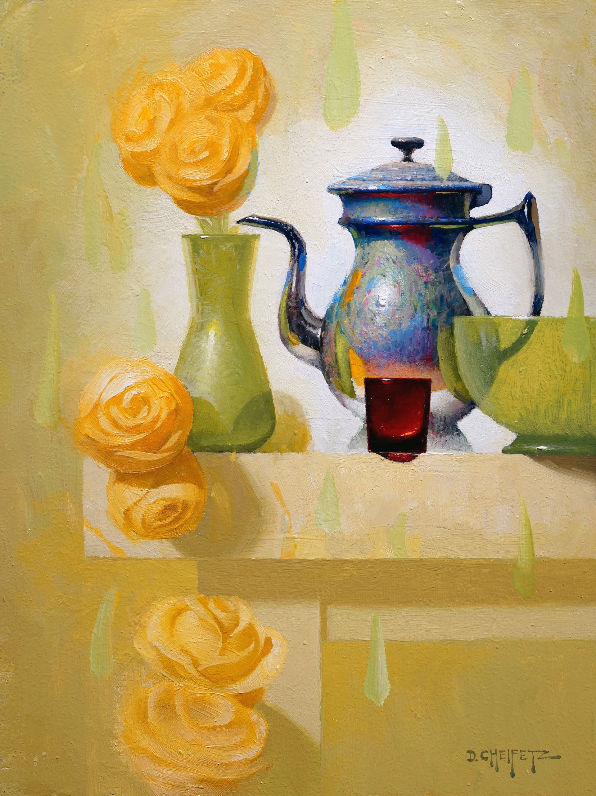 A still life painting featuring a metallic teapot, green vase with yellow roses, and abstract shapes on a light background.