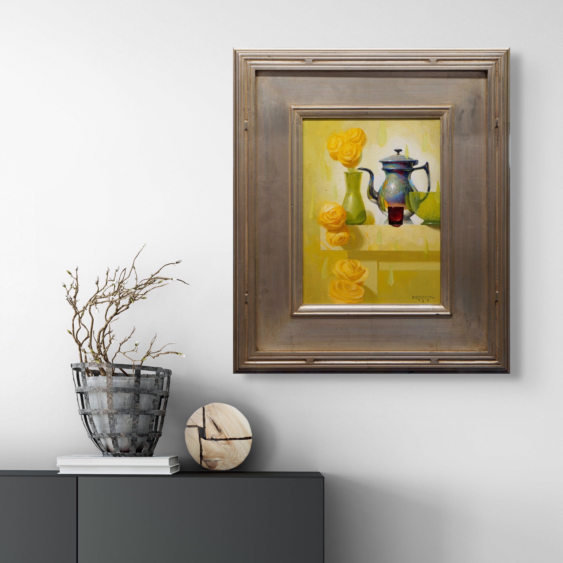 A still life painting featuring a metallic teapot, green vase with yellow roses, and abstract shapes on a light background.