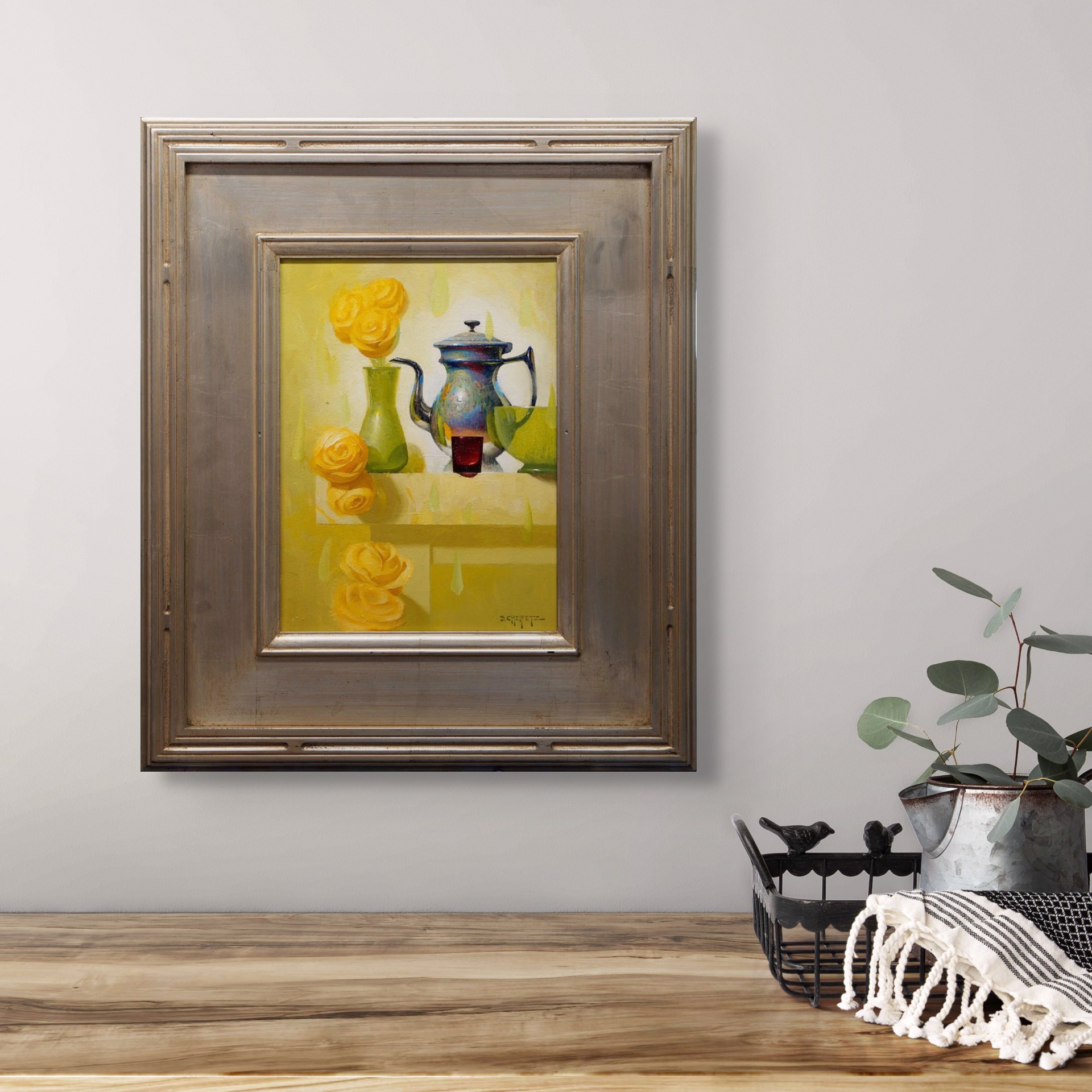 A still life painting featuring a metallic teapot, green vase with yellow roses, and abstract shapes on a light background.