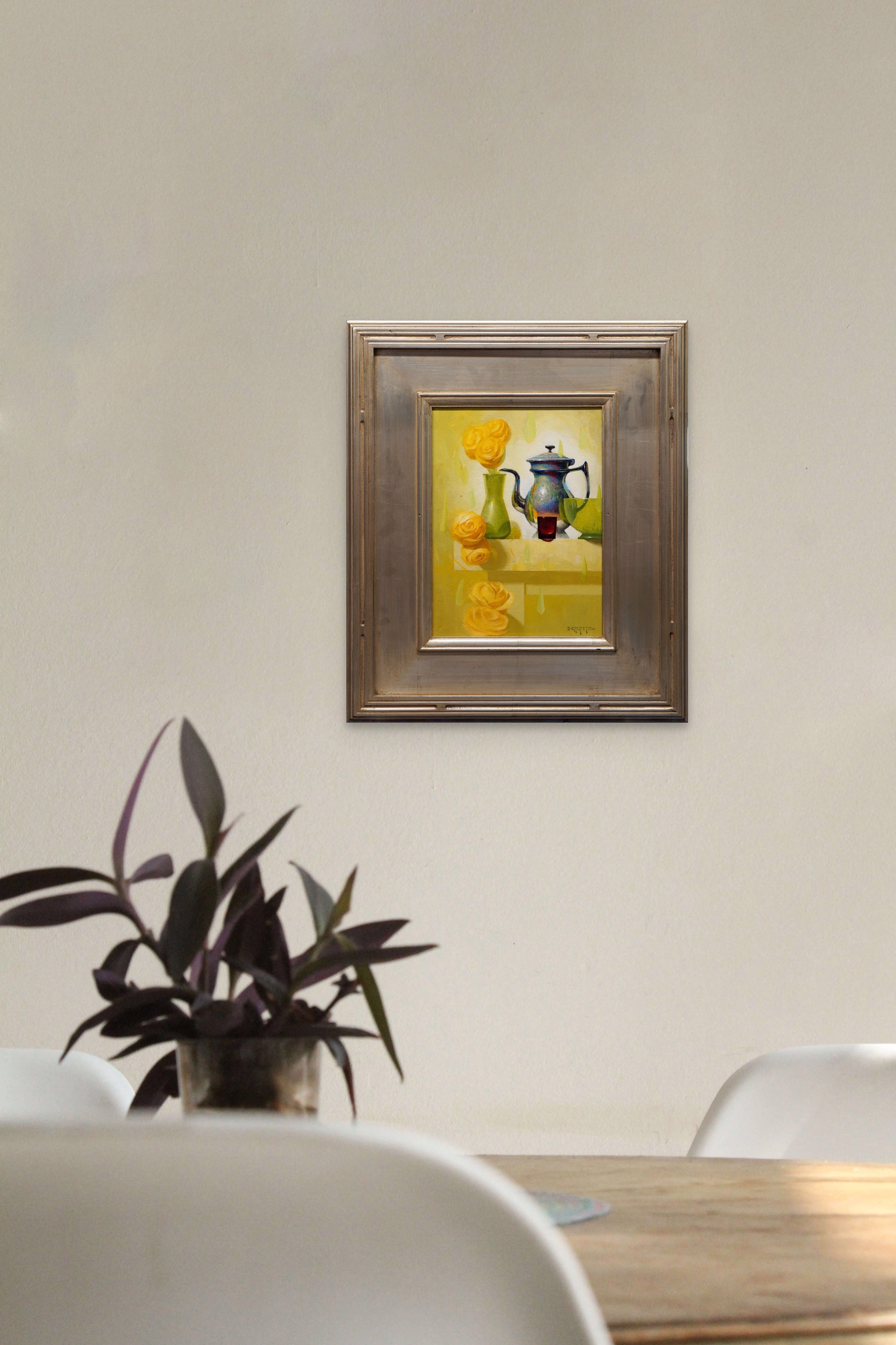 A still life painting featuring a metallic teapot, green vase with yellow roses, and abstract shapes on a light background.
