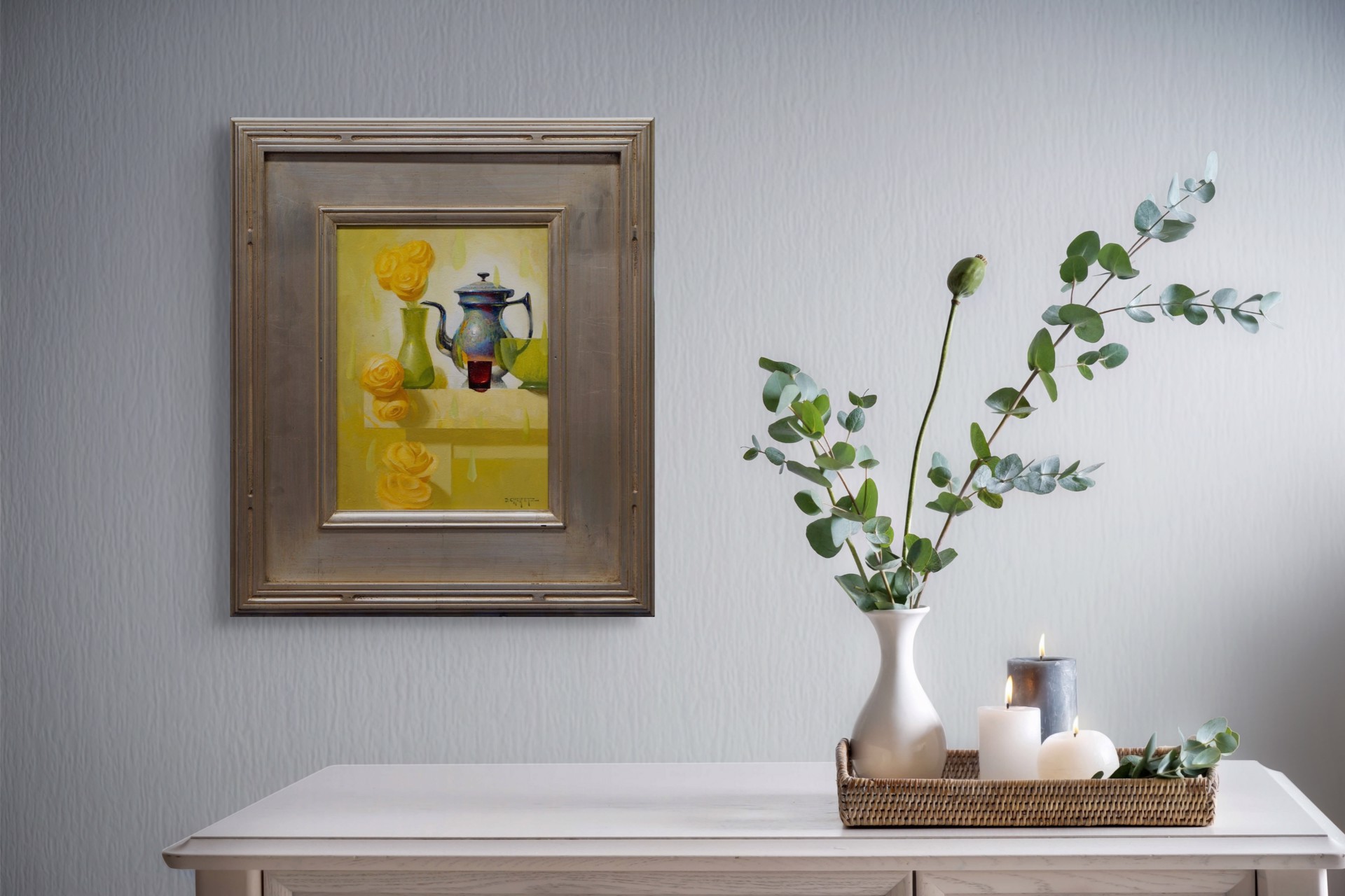 A still life painting featuring a metallic teapot, green vase with yellow roses, and abstract shapes on a light background.