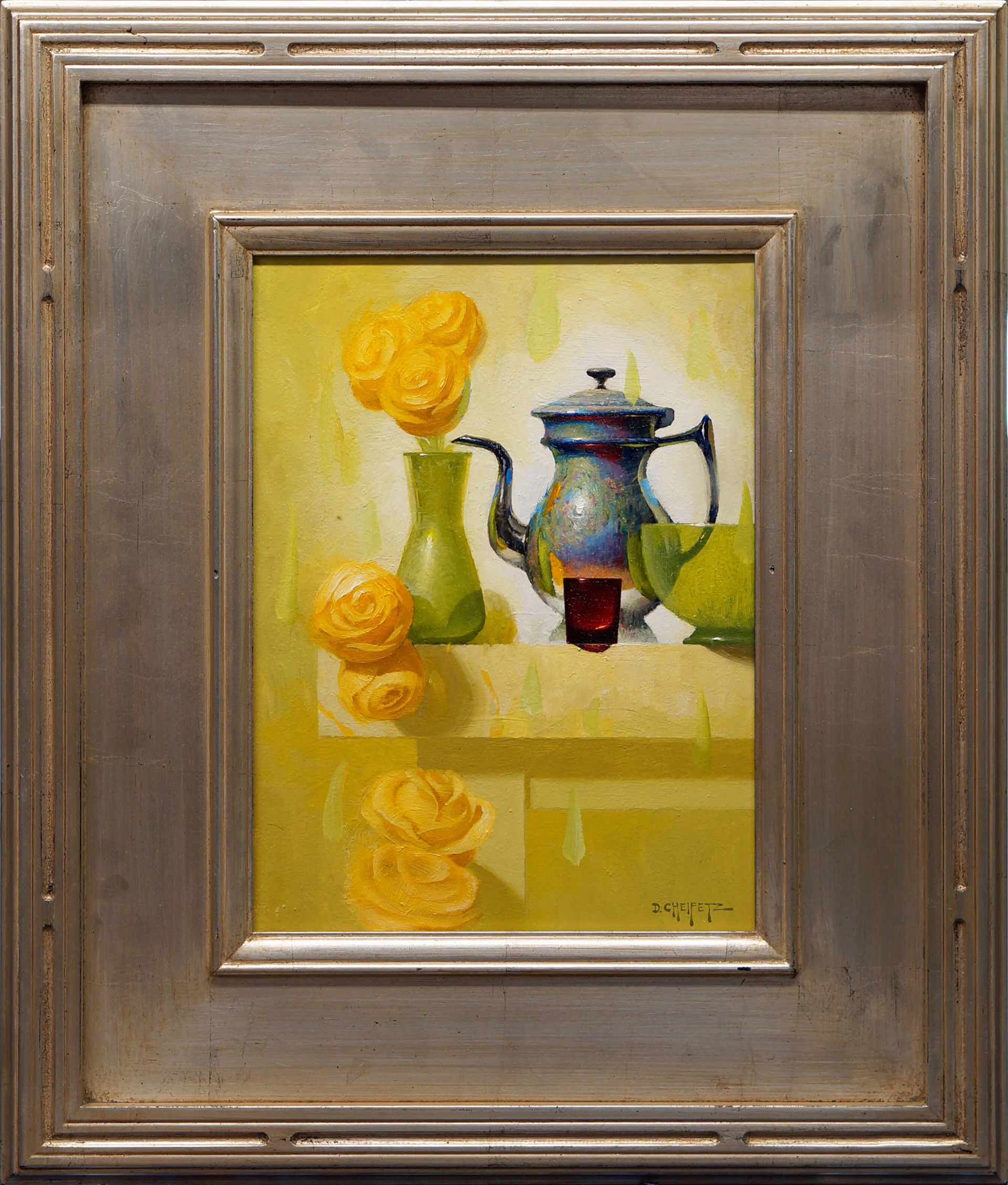 A still life painting featuring a metallic teapot, green vase with yellow roses, and abstract shapes on a light background.