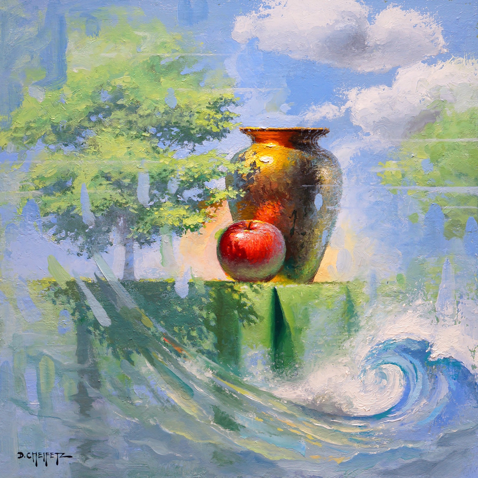 A painting of an apple sitting on top of a table.