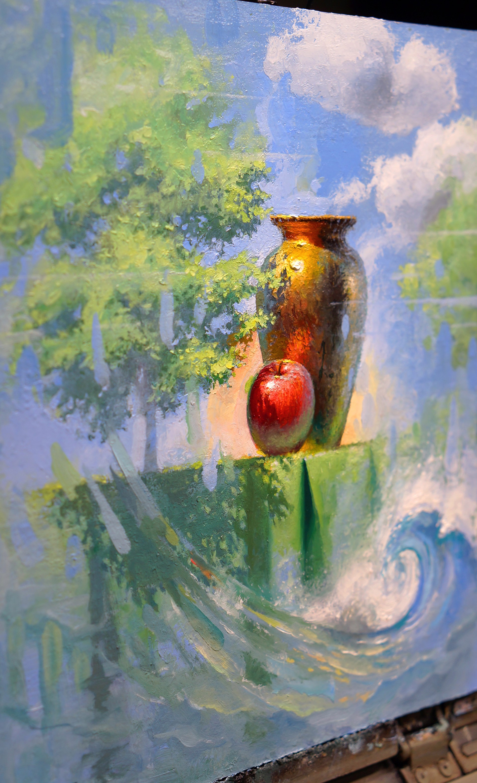 A painting of an apple sitting on top of a table.