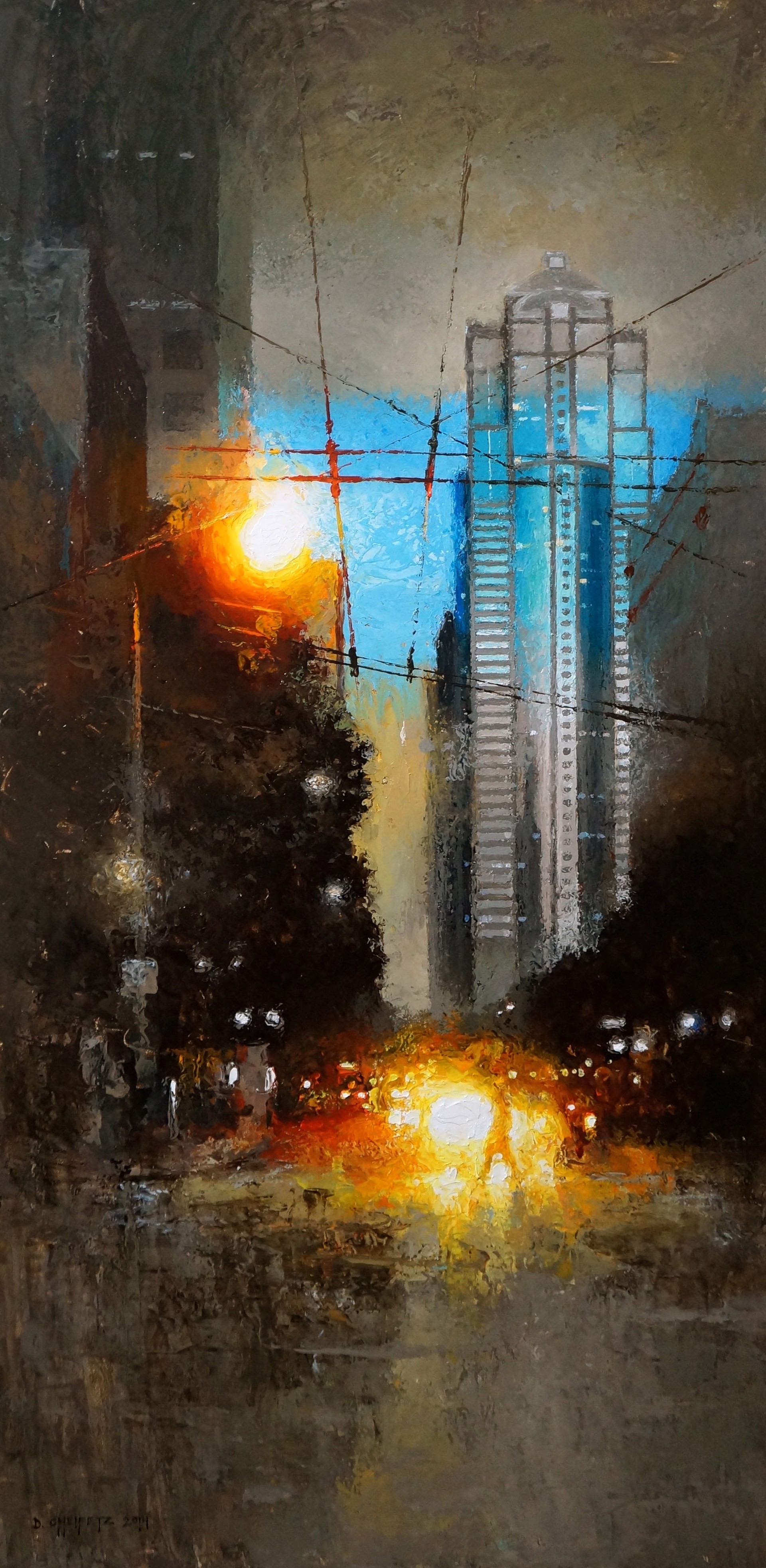 A painting of a city at night with a full moon in the sky.