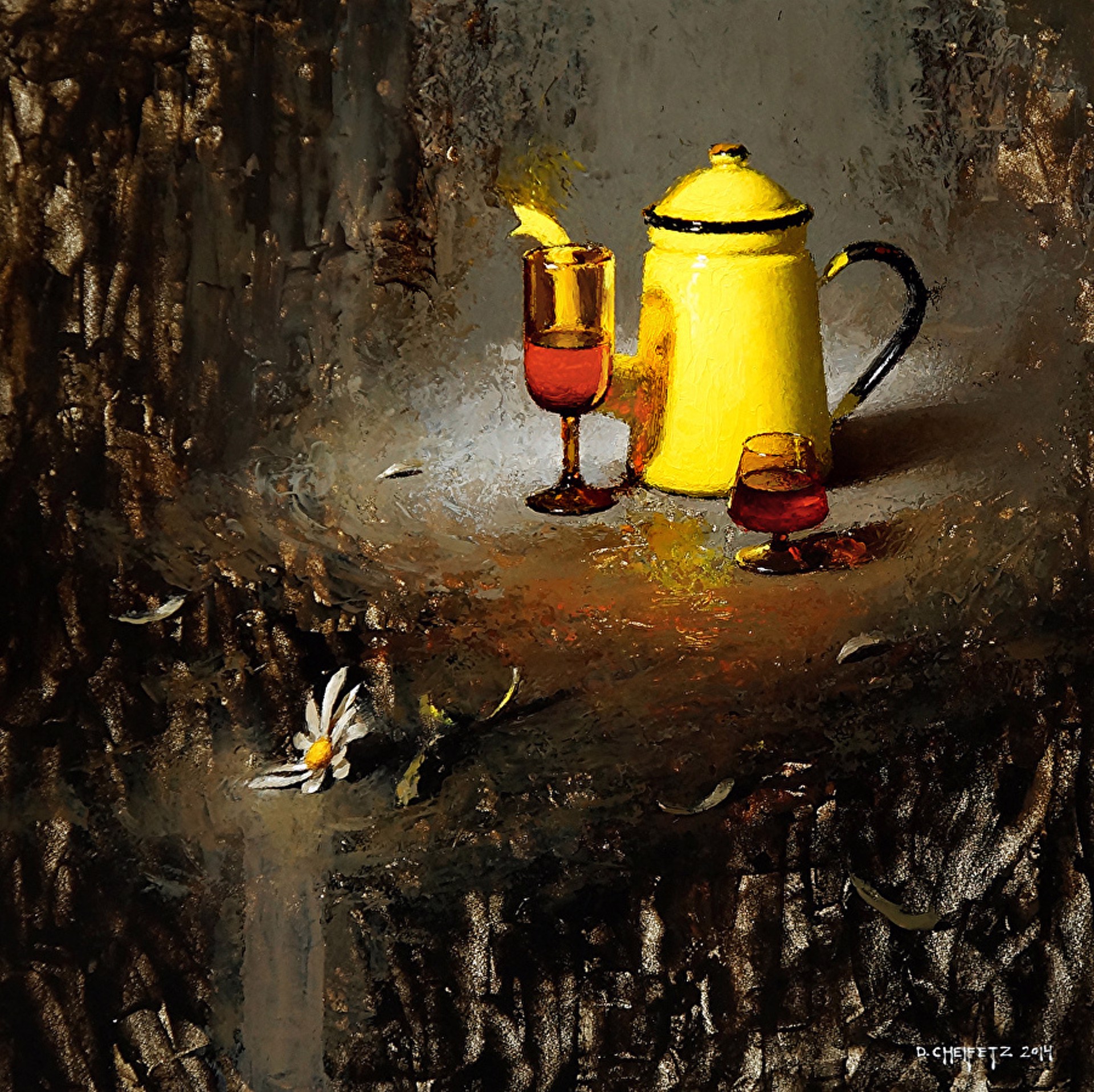 A painting of a yellow teapot and two glasses of wine on a table.