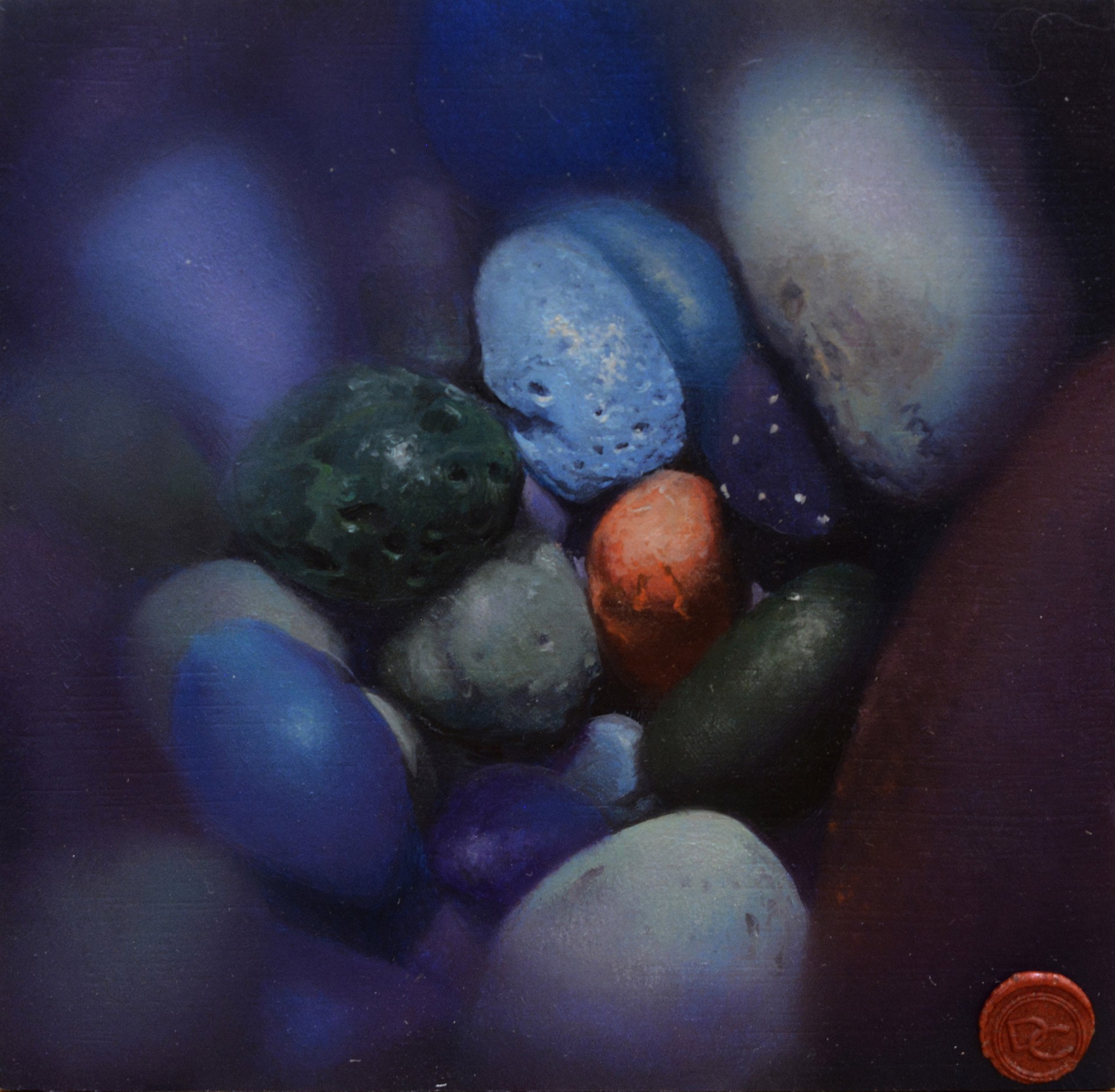 A painting of a pile of colorful rocks on a table.