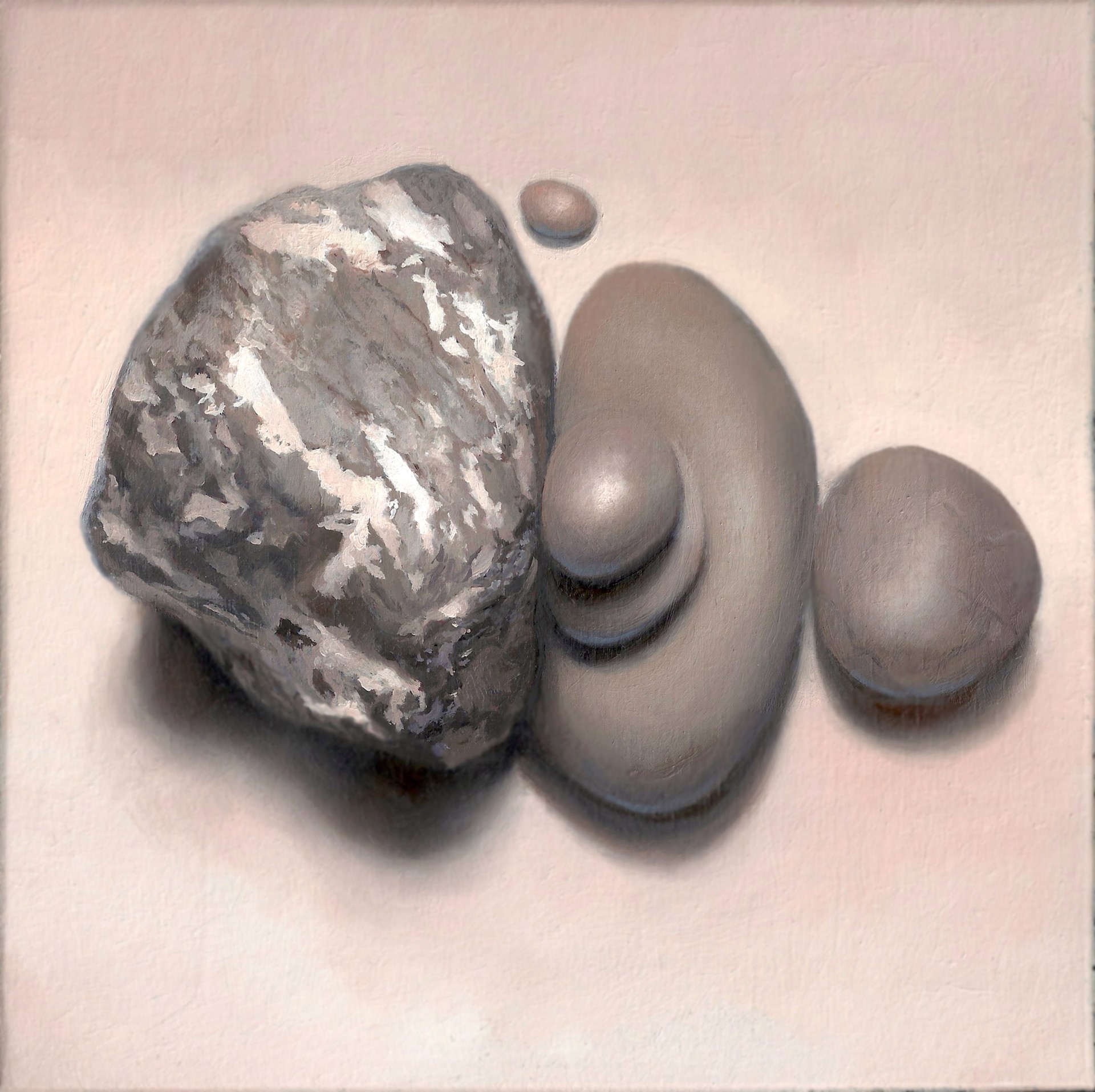 A painting of three rocks on a white surface.