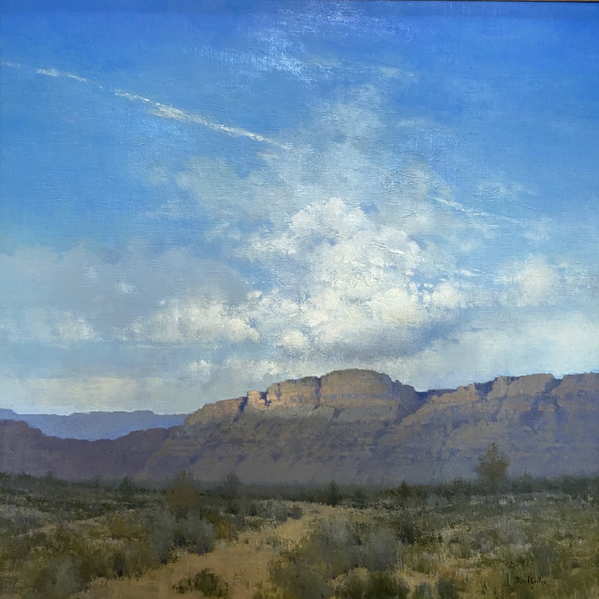 A painting of a desert landscape with mountains in the background.