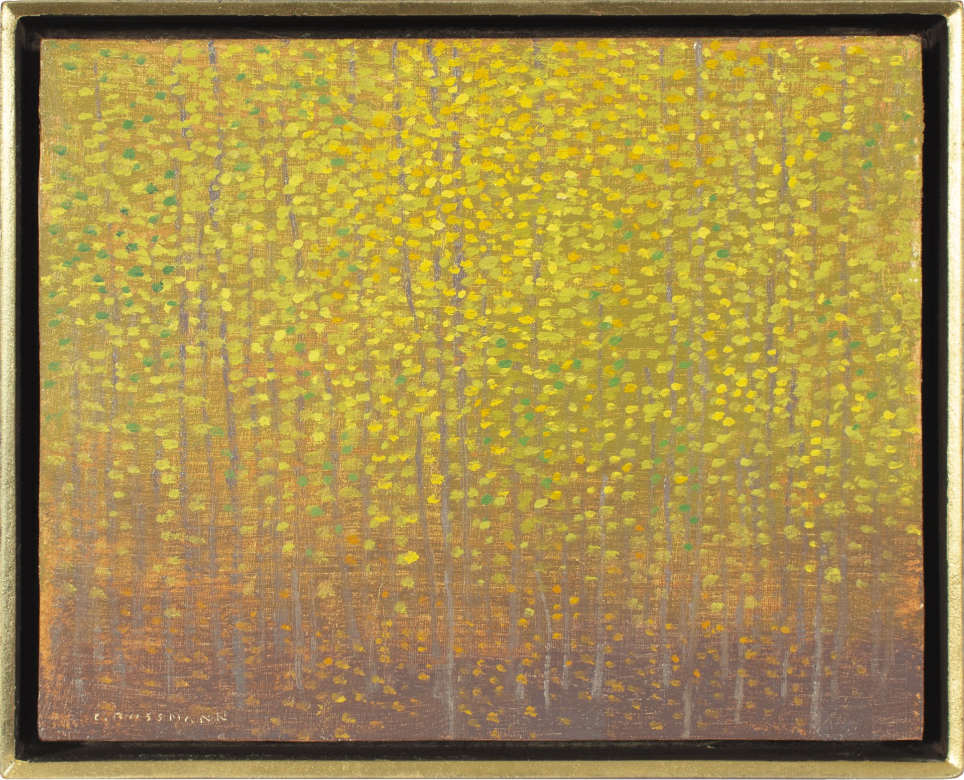 A painting of a forest of trees with yellow leaves.