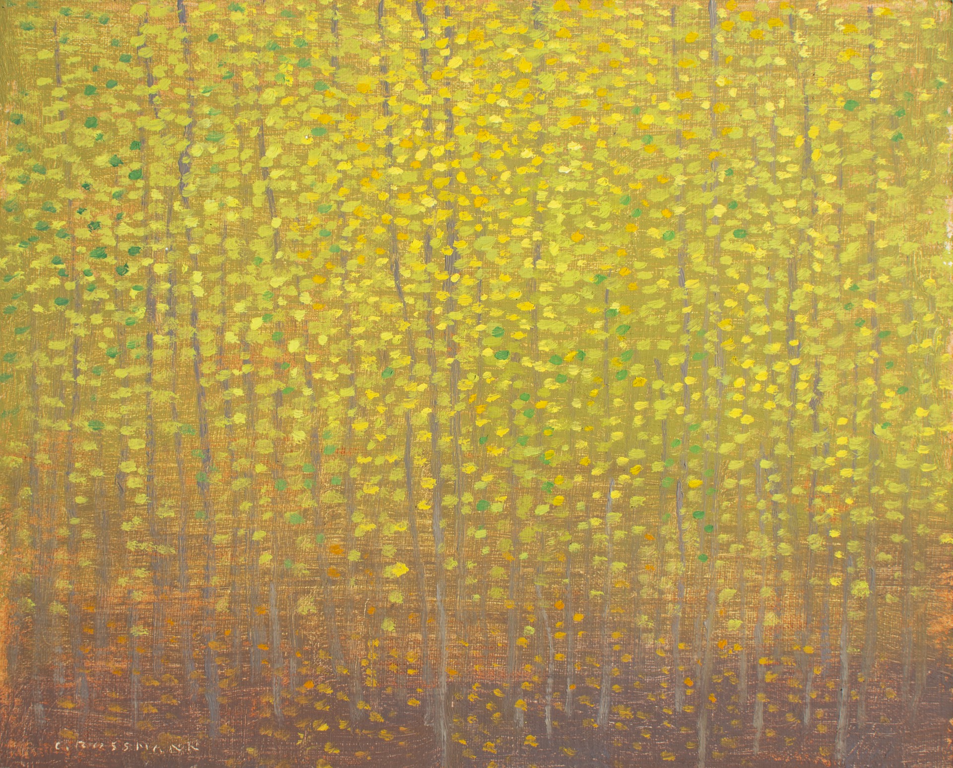 A painting of a forest of trees with yellow leaves.