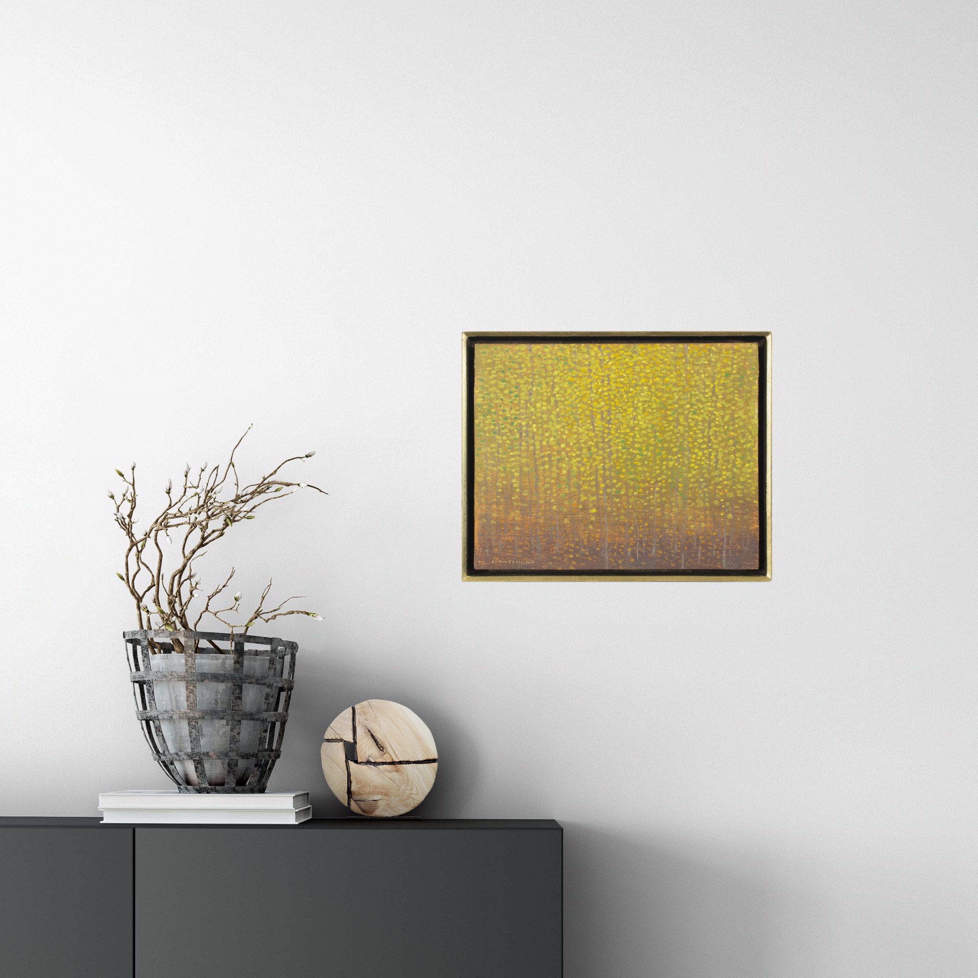 A painting of a forest of trees with yellow leaves.