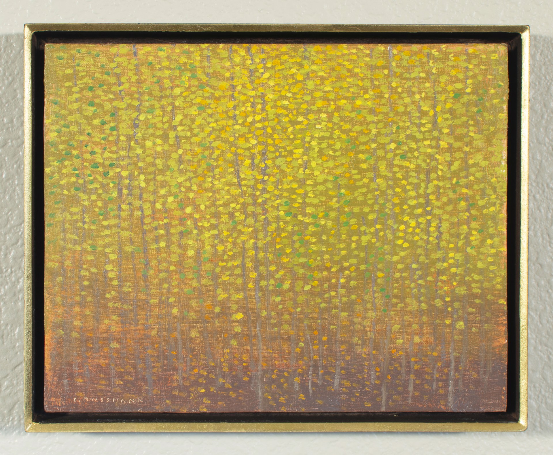A painting of a forest of trees with yellow leaves.