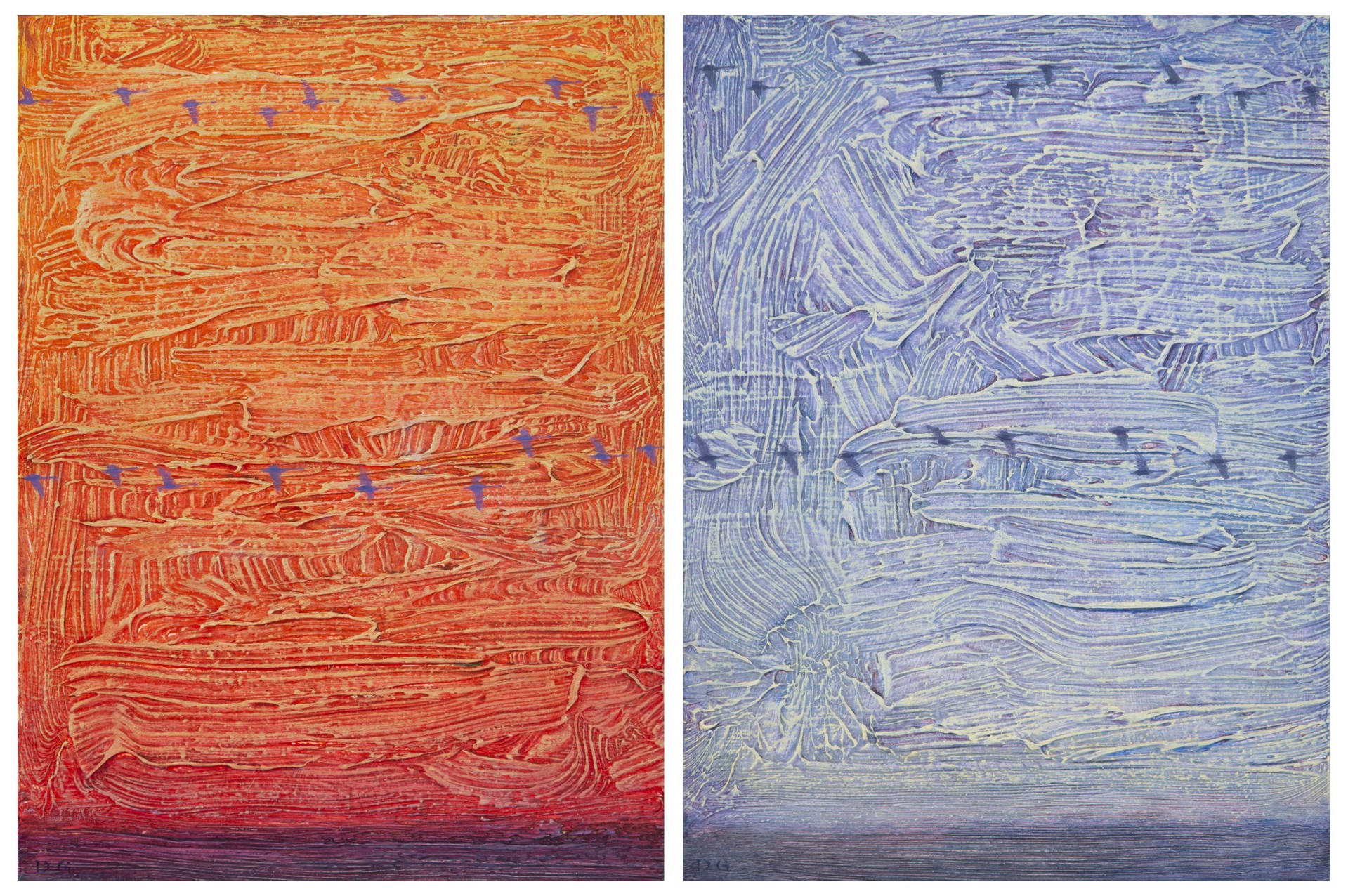 Two paintings of blue and orange paint on a white background.