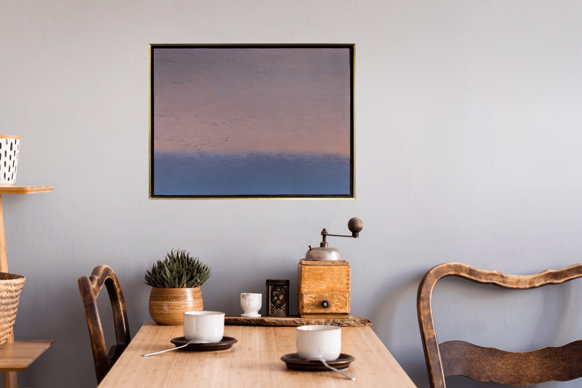A serene seascape painting featuring a flock of birds against a soft, pastel sky.