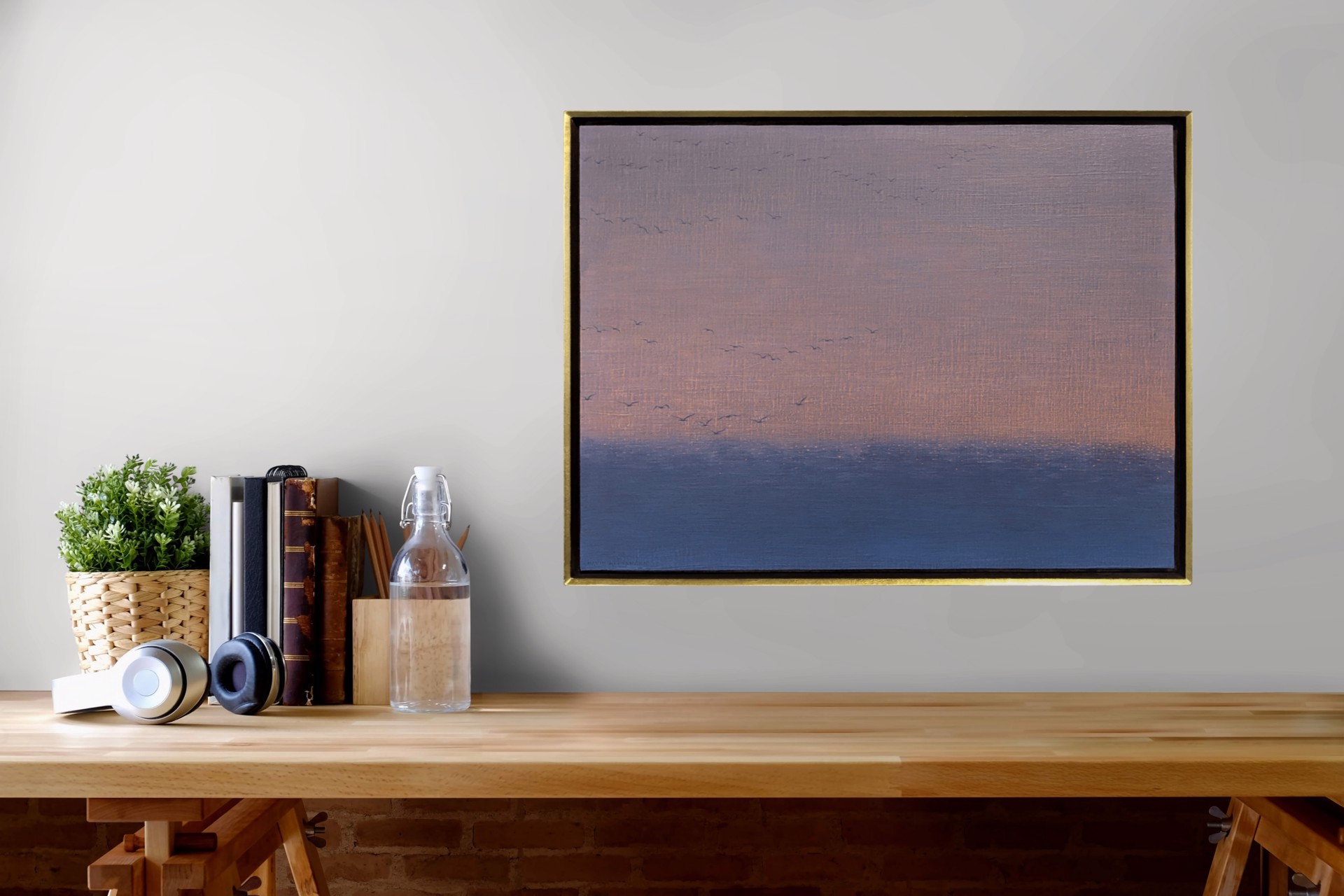 A serene seascape painting featuring a flock of birds against a soft, pastel sky.