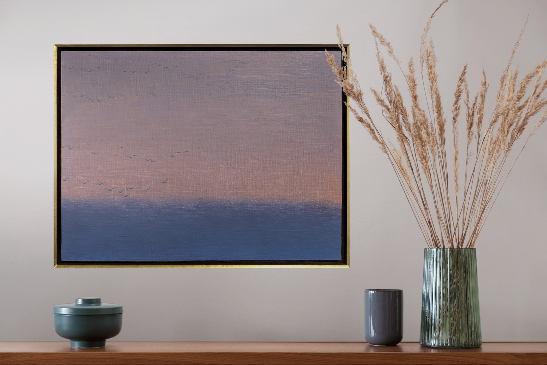 A serene seascape painting featuring a flock of birds against a soft, pastel sky.