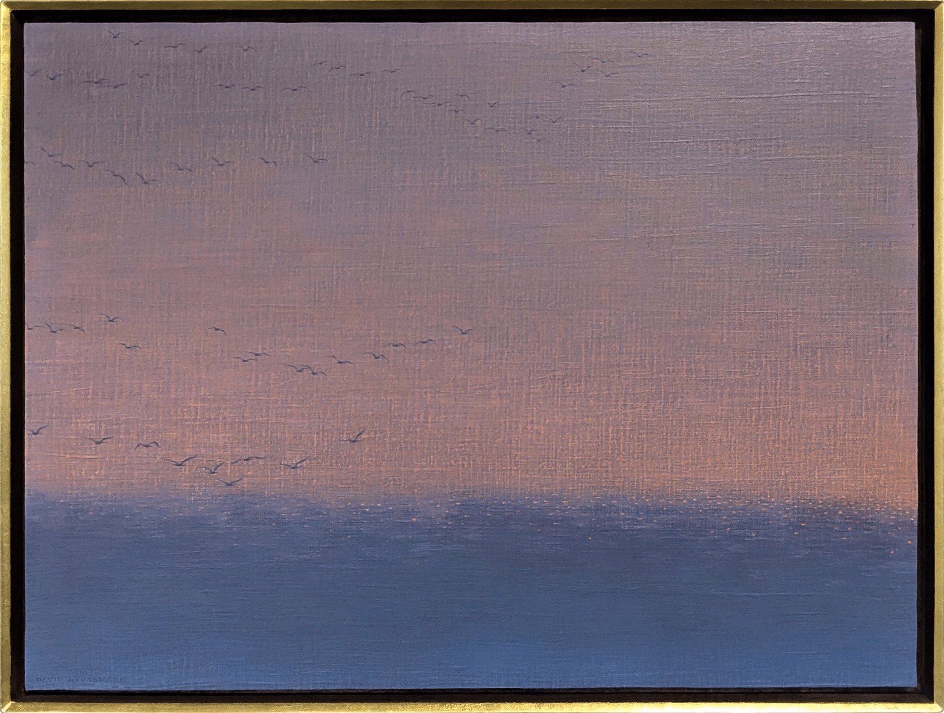 A serene seascape painting featuring a flock of birds against a soft, pastel sky.
