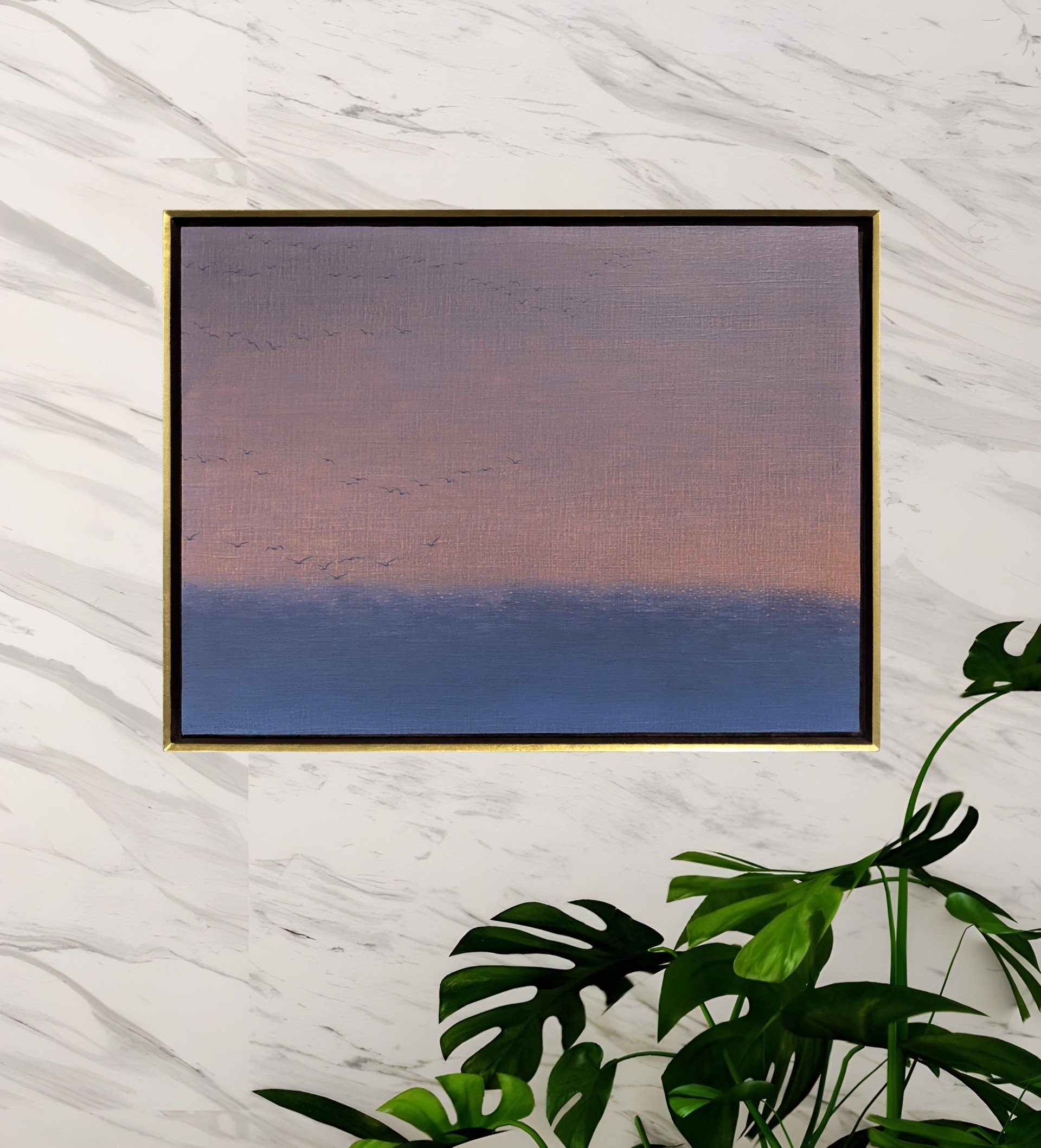 A serene seascape painting featuring a flock of birds against a soft, pastel sky.
