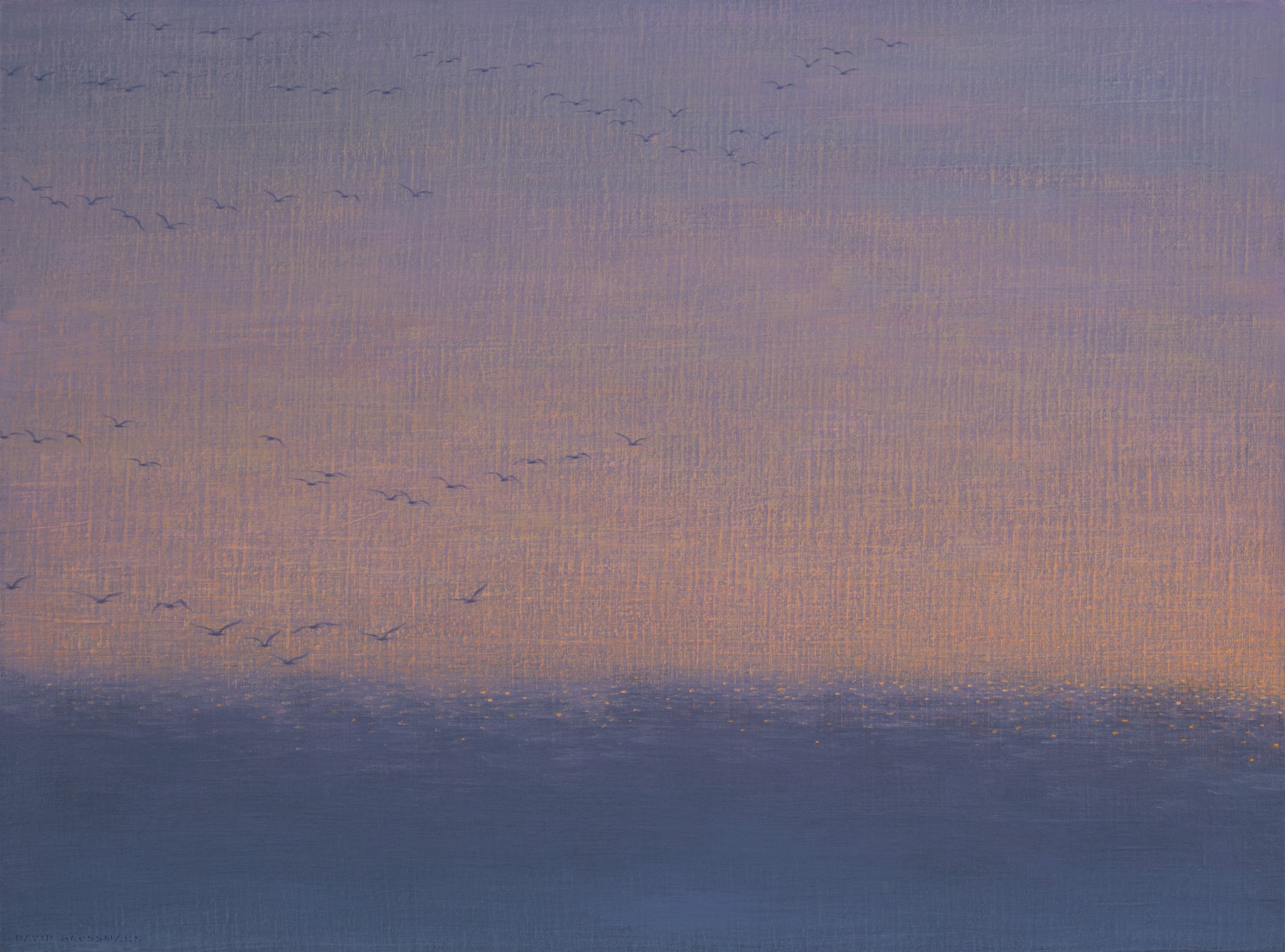 A serene seascape painting featuring a flock of birds against a soft, pastel sky.