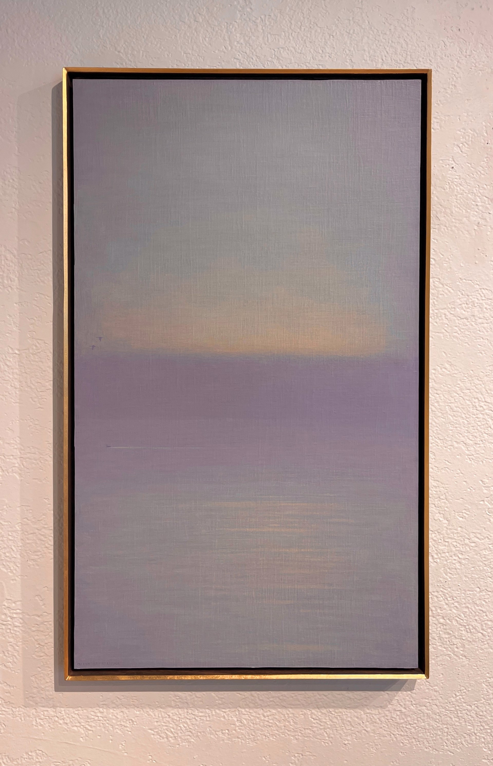 A painting of a blue sky with a plane flying in the distance.