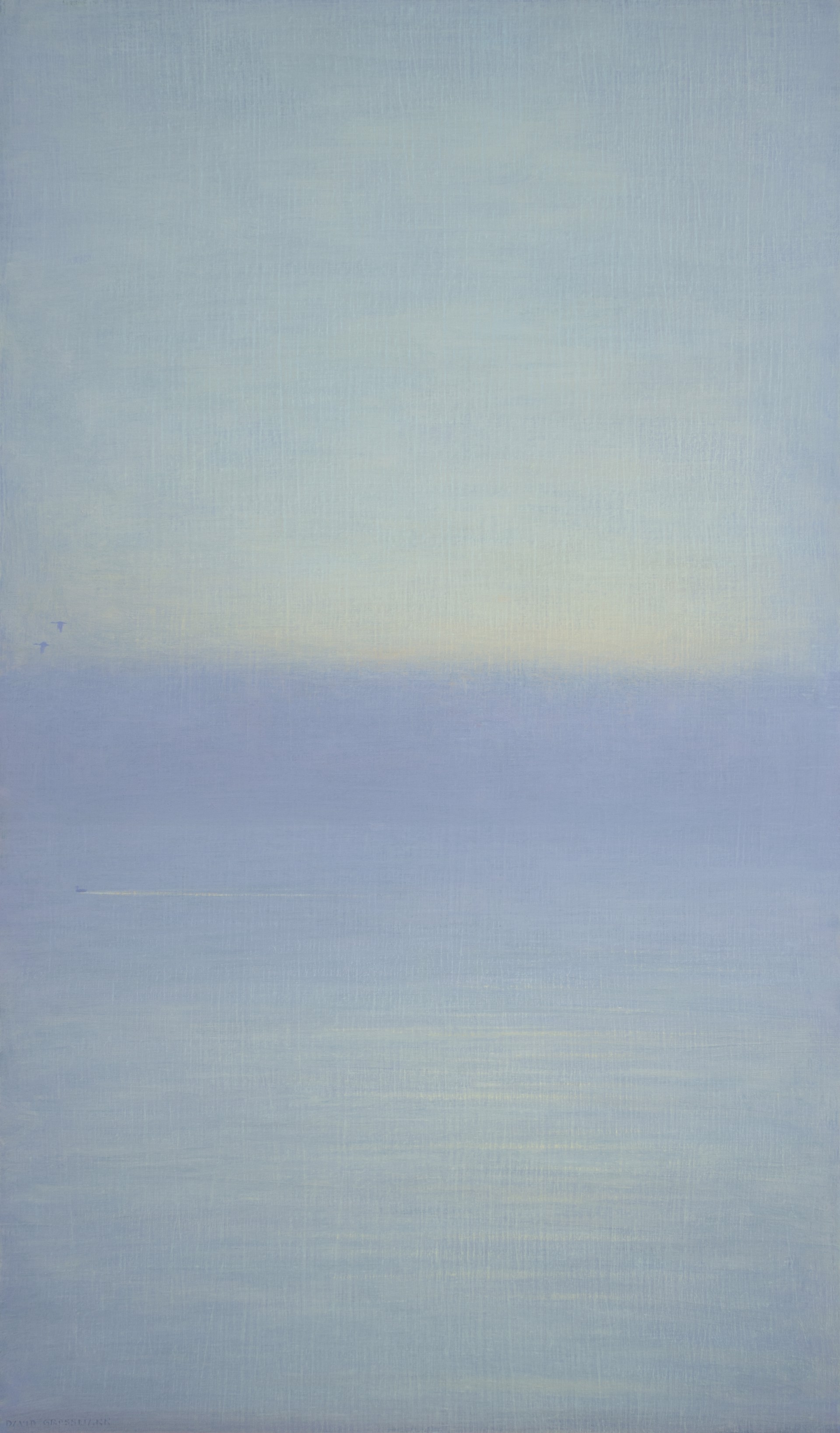 A painting of a blue sky with a plane flying in the distance.