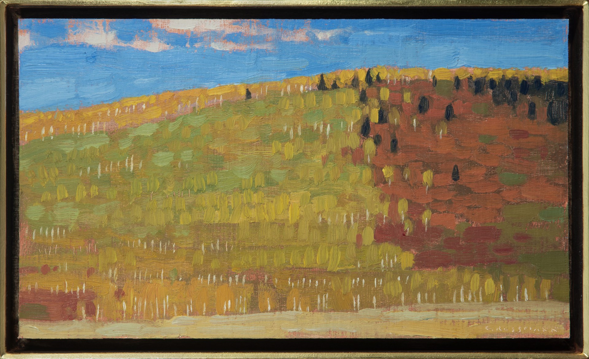 A textured landscape painting of a rolling hill under a blue sky.