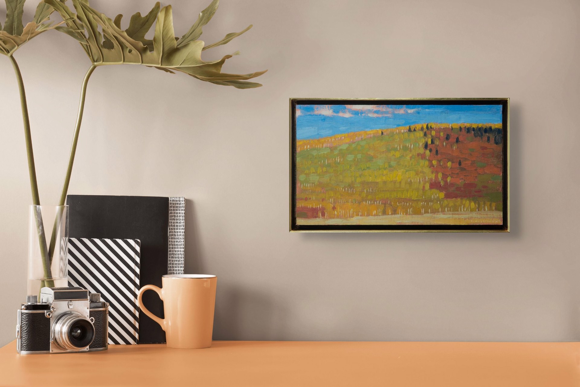 A textured landscape painting of a rolling hill under a blue sky.
